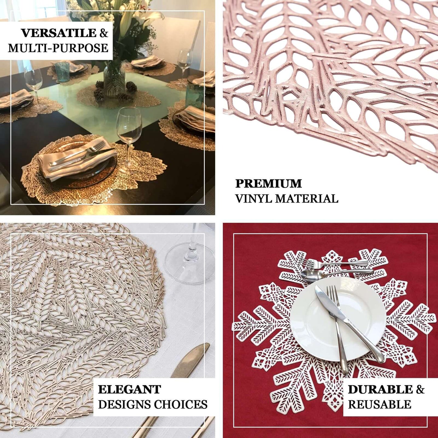 6 - Pack Dining Table Mats Floral Design Gold - Metallic Vinyl Round Non - Slip Mats for Tables 15" - Linen Luxes