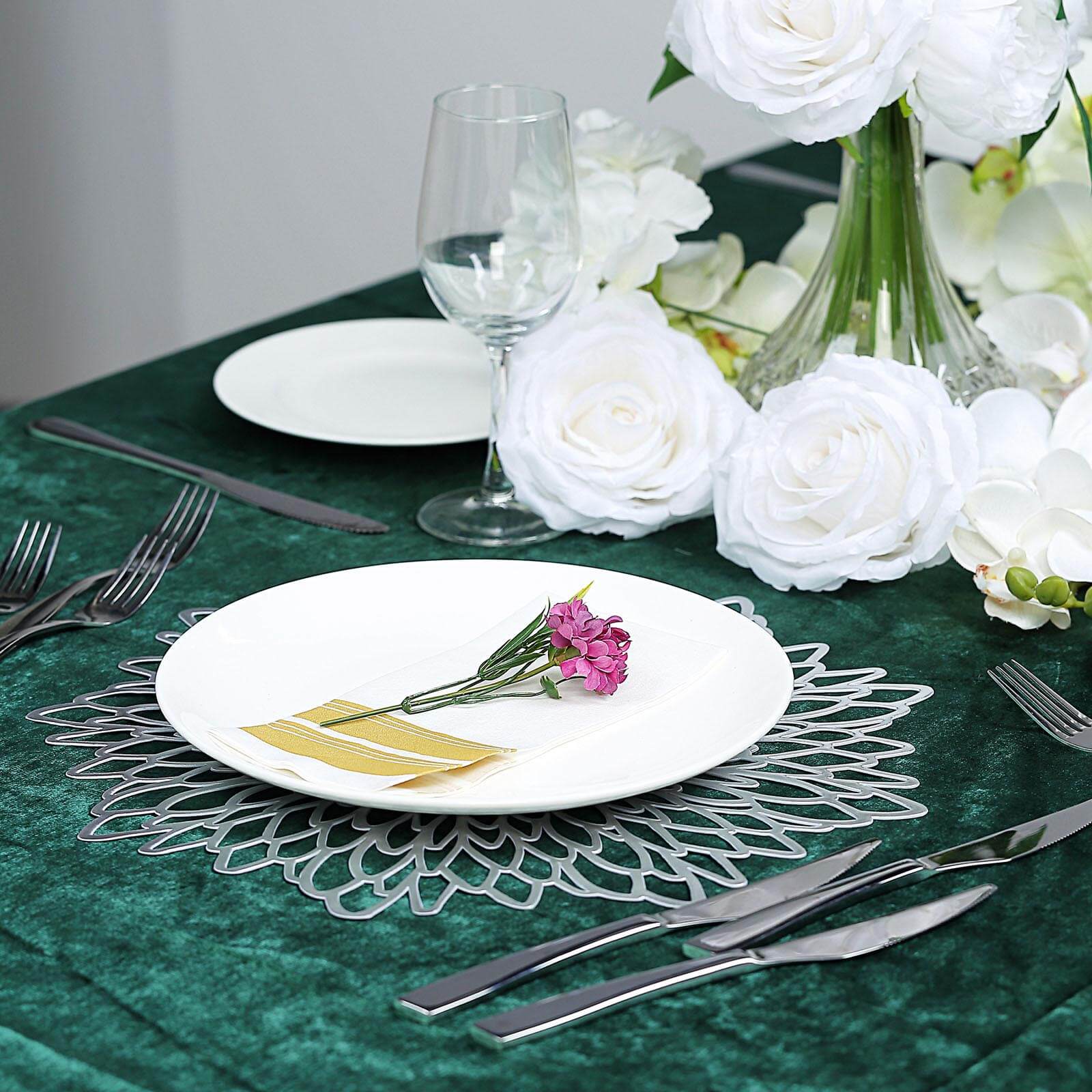 6 - Pack Dining Table Mats Floral Design Silver - Metallic Vinyl Round Non - Slip Mats for Tables 15" - Linen Luxes