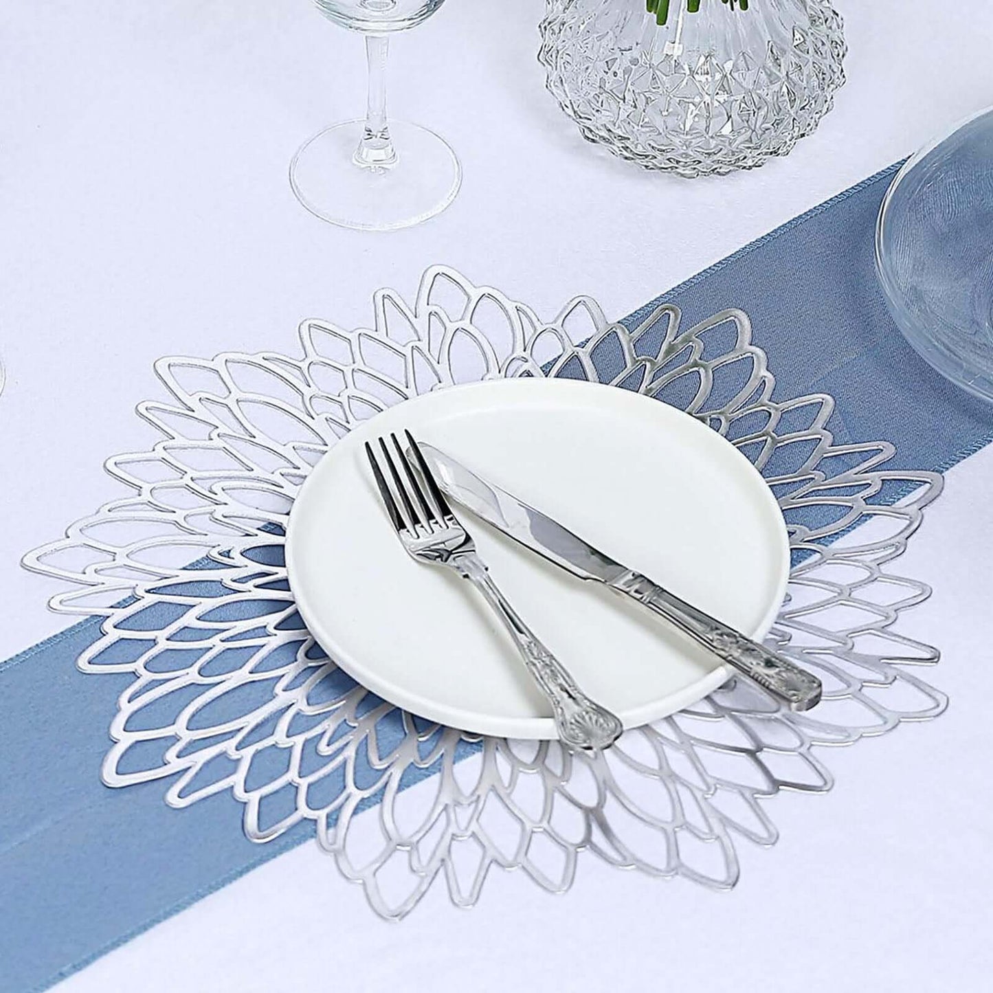 6 - Pack Dining Table Mats Floral Design Silver - Metallic Vinyl Round Non - Slip Mats for Tables 15" - Linen Luxes