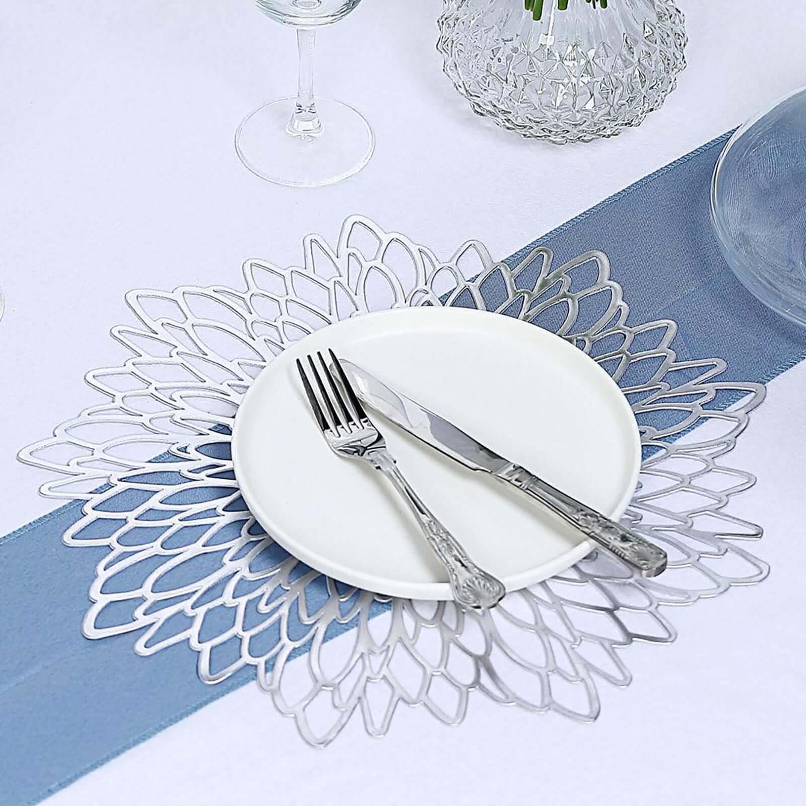 6 - Pack Dining Table Mats Floral Design Silver - Metallic Vinyl Round Non - Slip Mats for Tables 15" - Linen Luxes