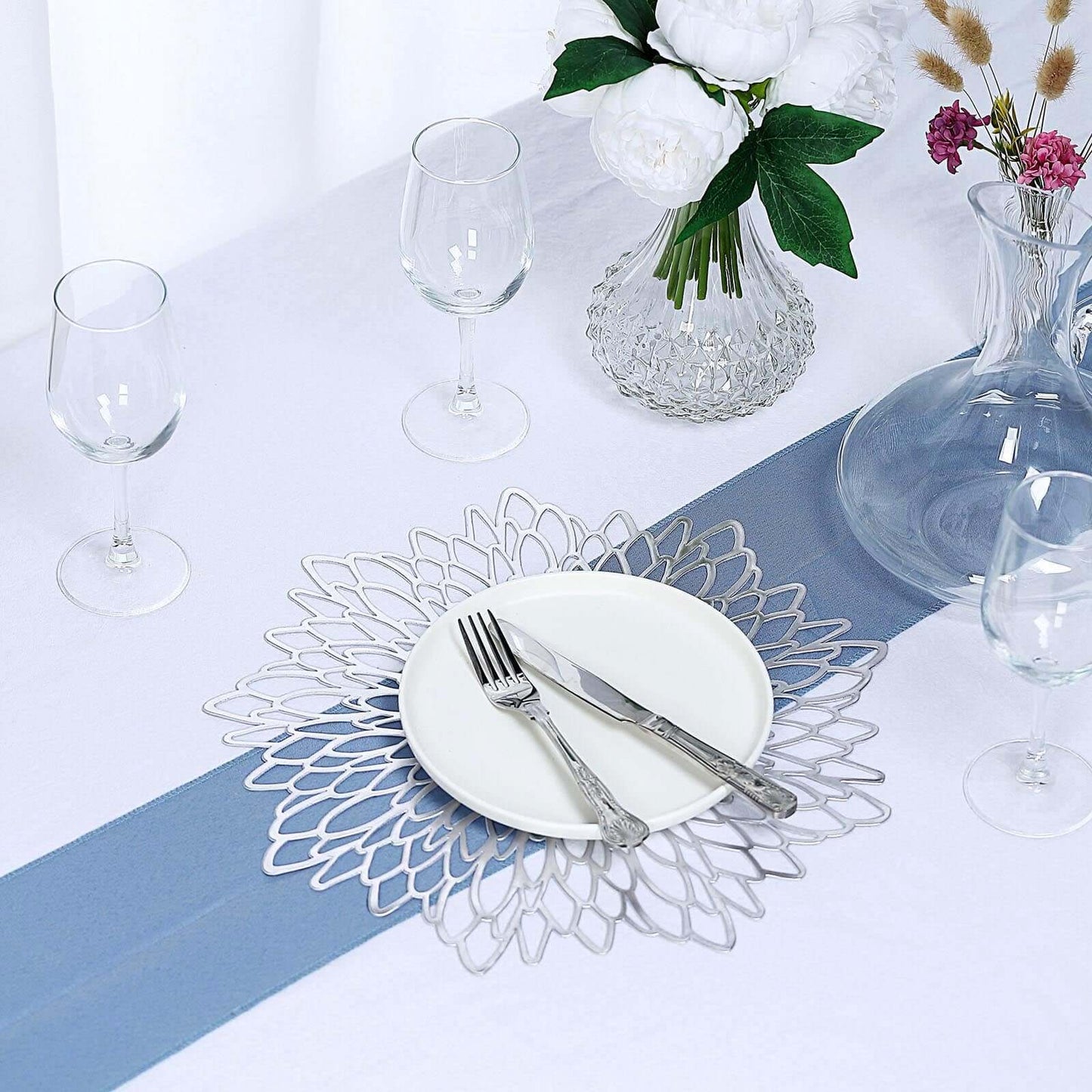 6 - Pack Dining Table Mats Floral Design Silver - Metallic Vinyl Round Non - Slip Mats for Tables 15" - Linen Luxes