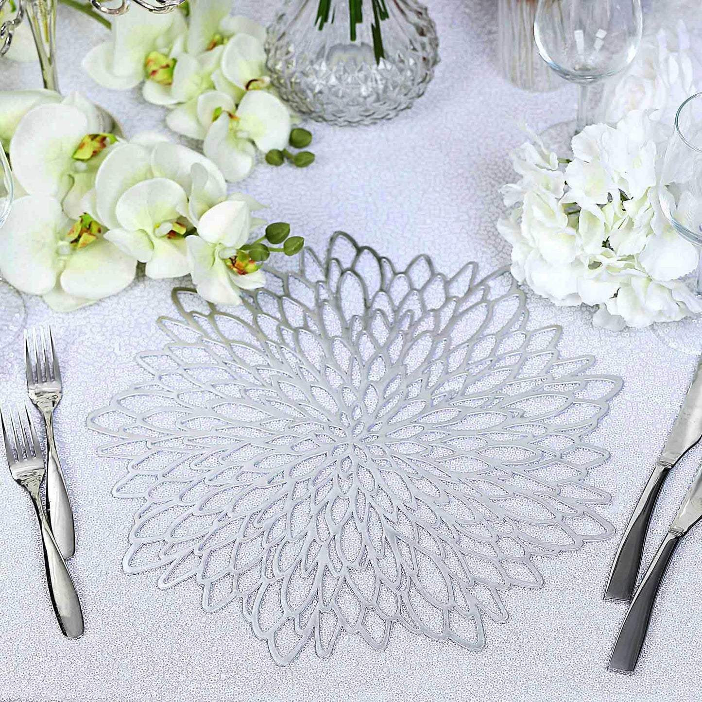 6 - Pack Dining Table Mats Floral Design Silver - Metallic Vinyl Round Non - Slip Mats for Tables 15" - Linen Luxes