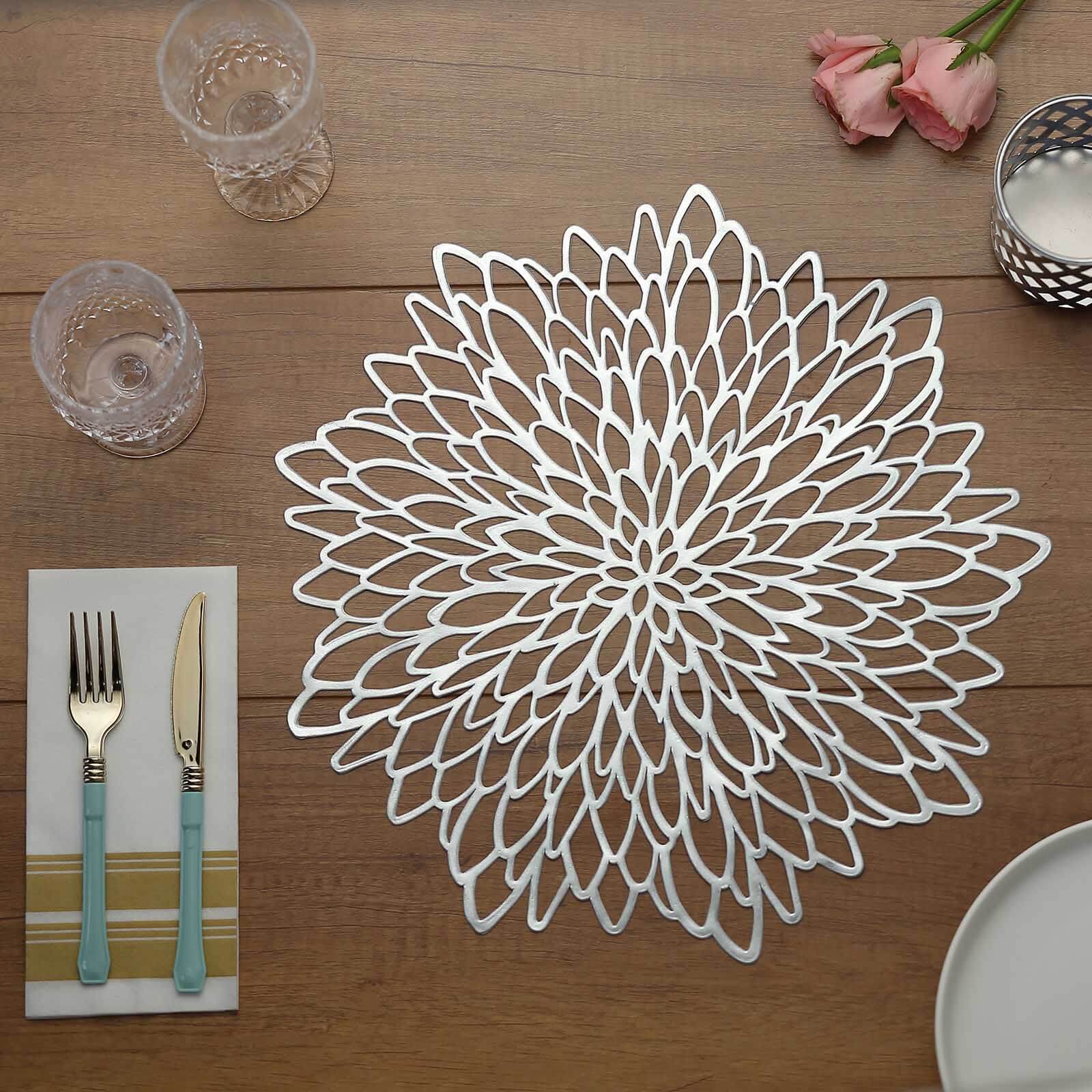 6 - Pack Dining Table Mats Floral Design Silver - Metallic Vinyl Round Non - Slip Mats for Tables 15" - Linen Luxes