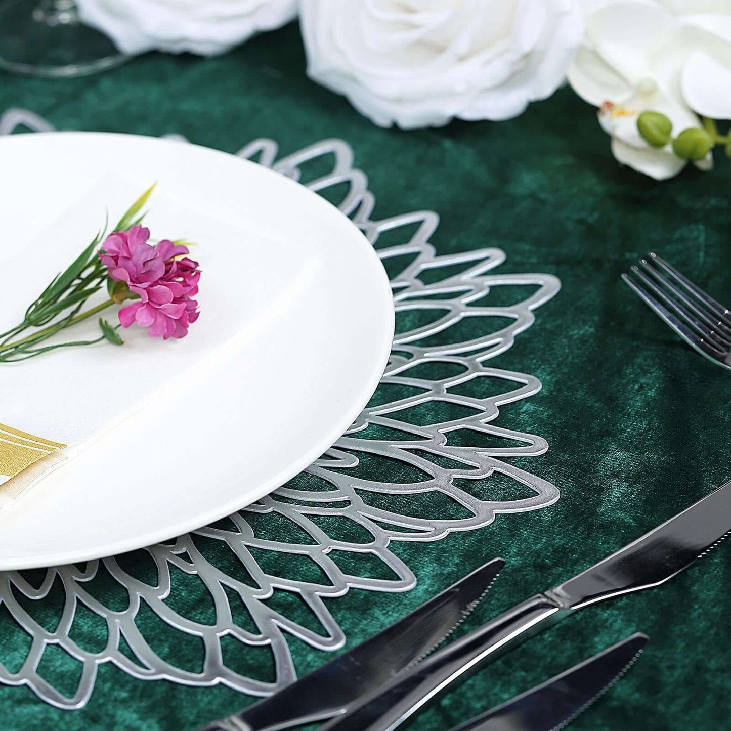 6 - Pack Dining Table Mats Floral Design Silver - Metallic Vinyl Round Non - Slip Mats for Tables 15" - Linen Luxes