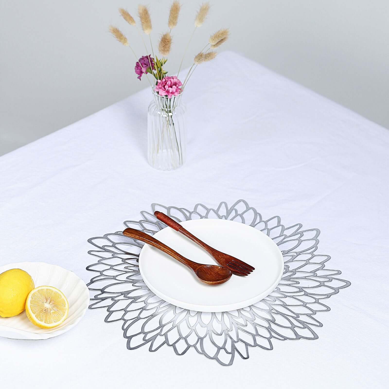 6 - Pack Dining Table Mats Floral Design Silver - Metallic Vinyl Round Non - Slip Mats for Tables 15" - Linen Luxes