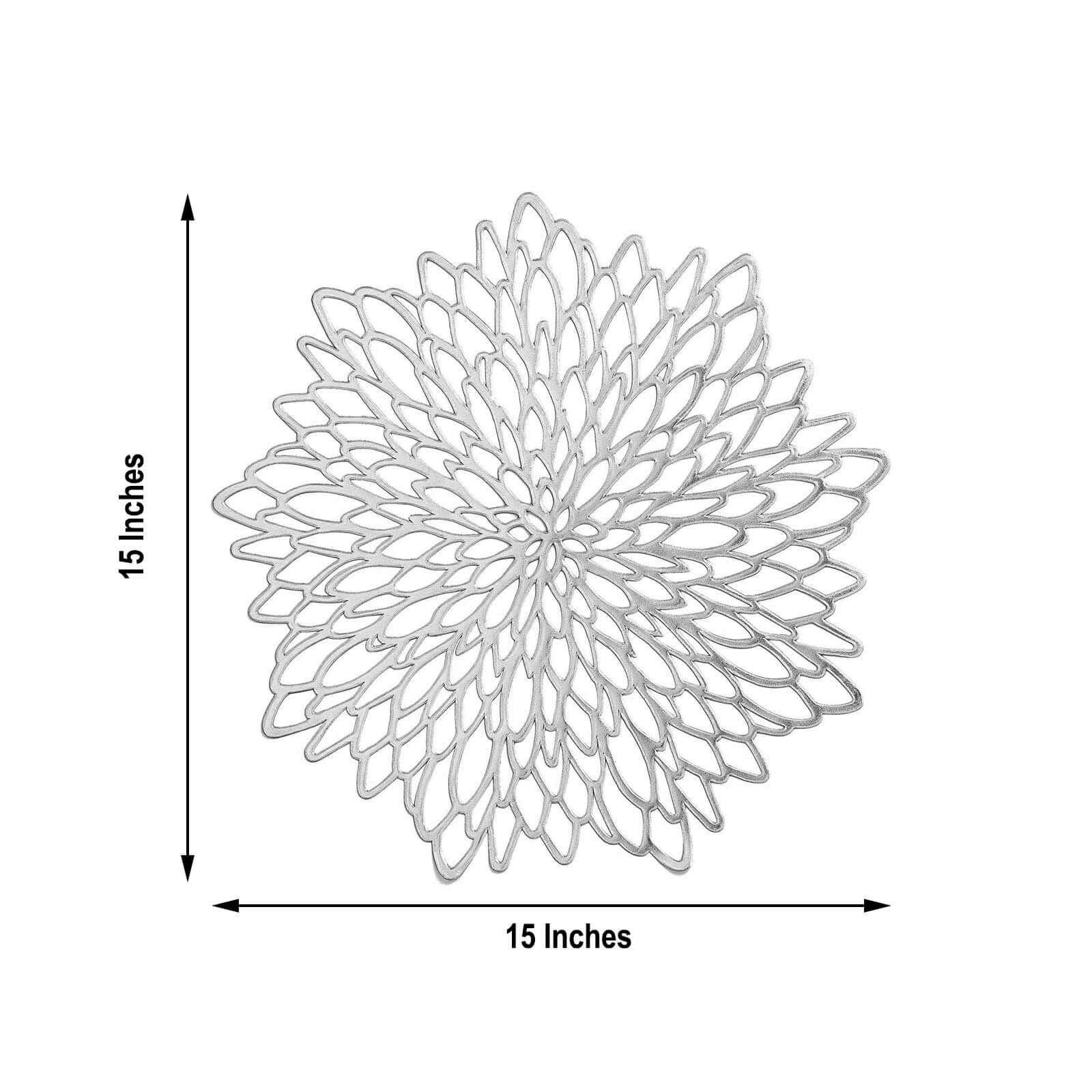 6 - Pack Dining Table Mats Floral Design Silver - Metallic Vinyl Round Non - Slip Mats for Tables 15" - Linen Luxes