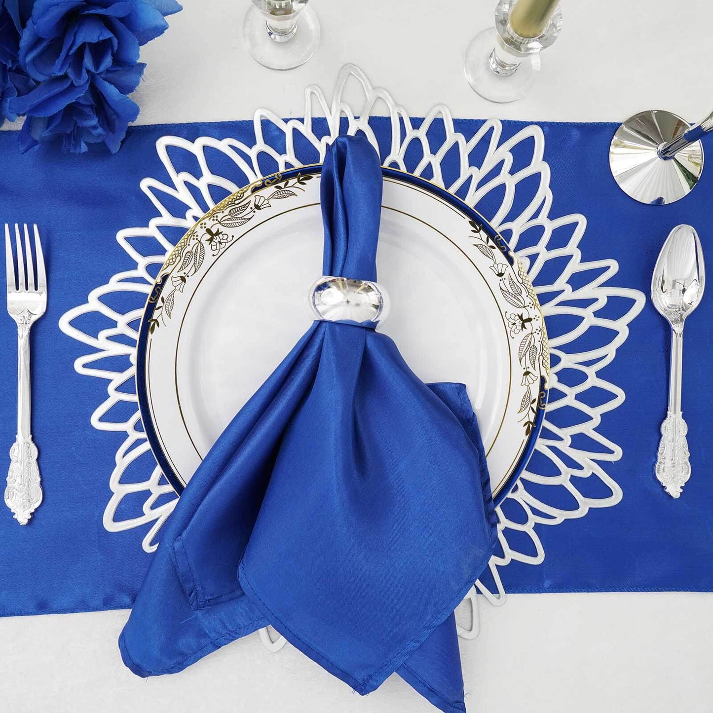 6 - Pack Dining Table Mats Floral Design Silver - Metallic Vinyl Round Non - Slip Mats for Tables 15" - Linen Luxes