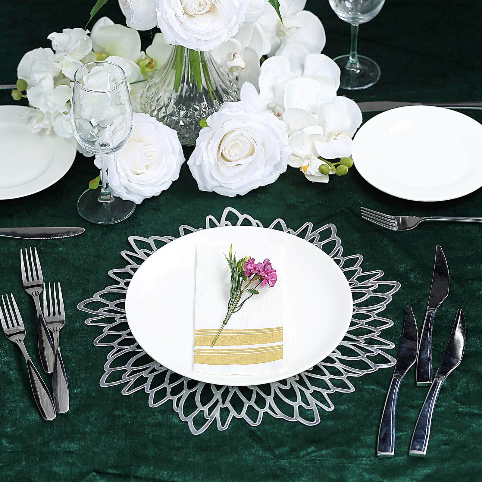 6 - Pack Dining Table Mats Floral Design Silver - Metallic Vinyl Round Non - Slip Mats for Tables 15" - Linen Luxes