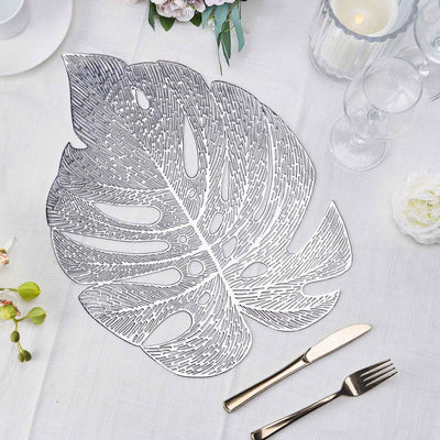6-Pack Dining Table Mats Monstera Leaf Design Silver - Vinyl Non-Slip Surface for Tropical Themes 18"