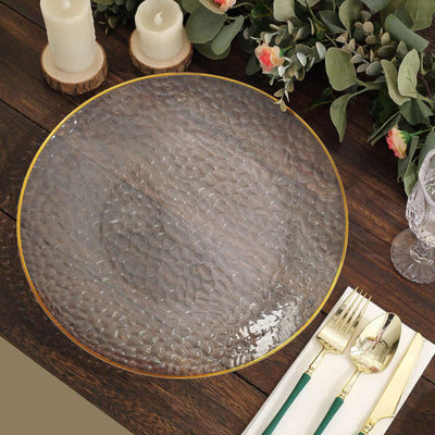 6-Pack Economy Plastic Round Charger Plates 13" in Clear Hammered Design with Gold Rim, Decorative Dinner Party Serving Plates