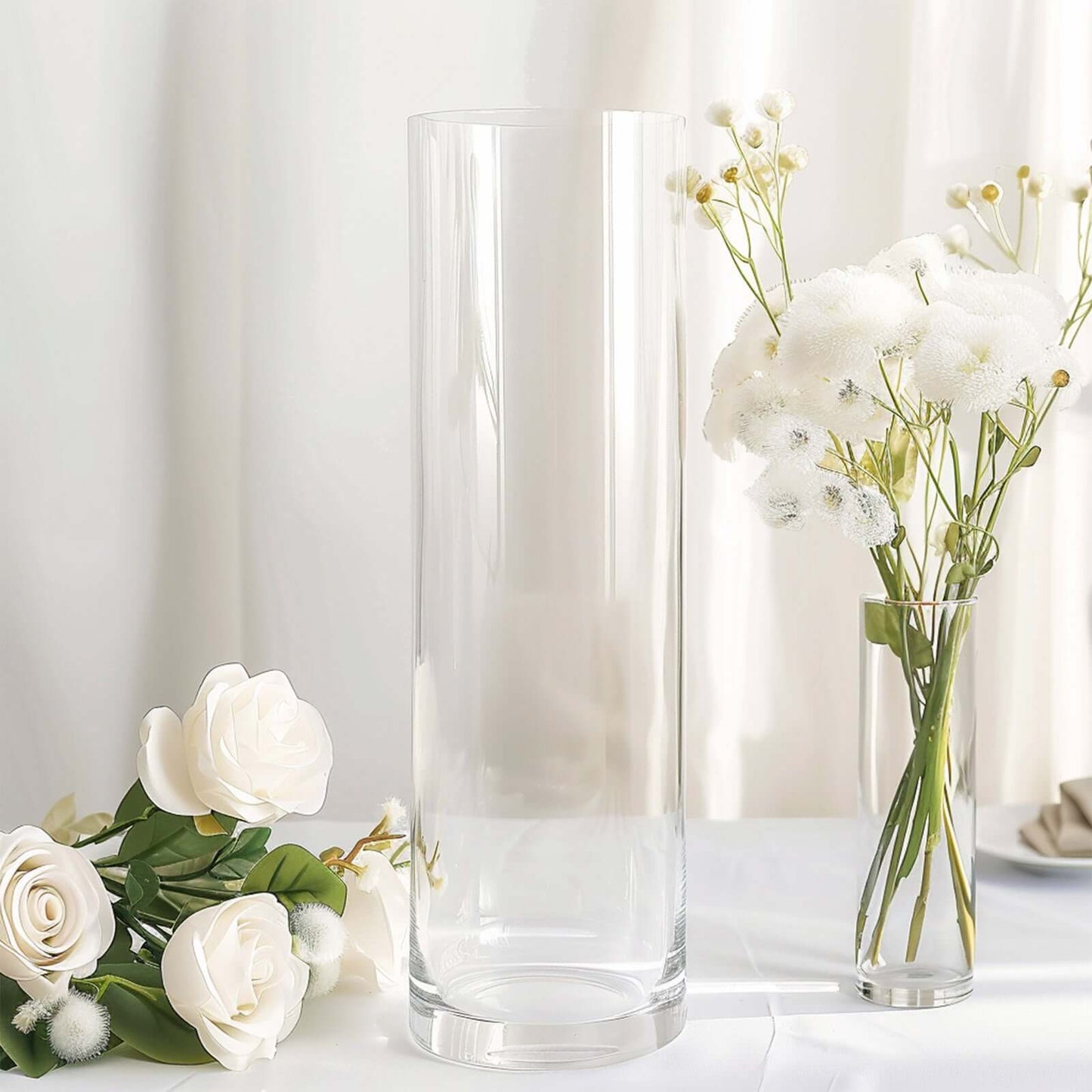 6 - Pack Glass Flower Vases Cylinder Design Heavy Duty Clear - Stylish Centerpieces for Weddings 14" - Linen Luxes