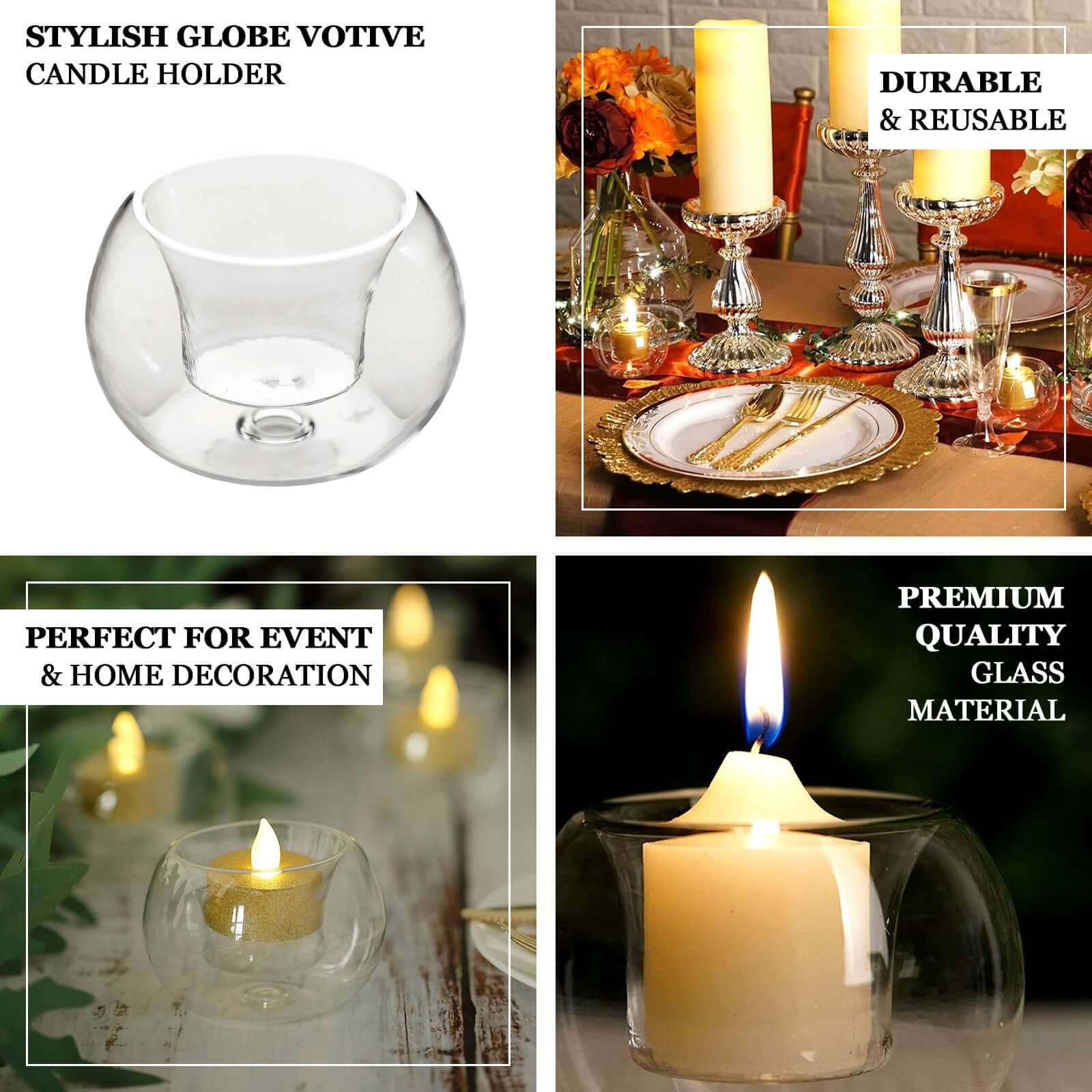6 - Pack Glass Tealight Candle Holders Crystal Clear Globe Design - Votive Candle Holders for Events 3" - Linen Luxes