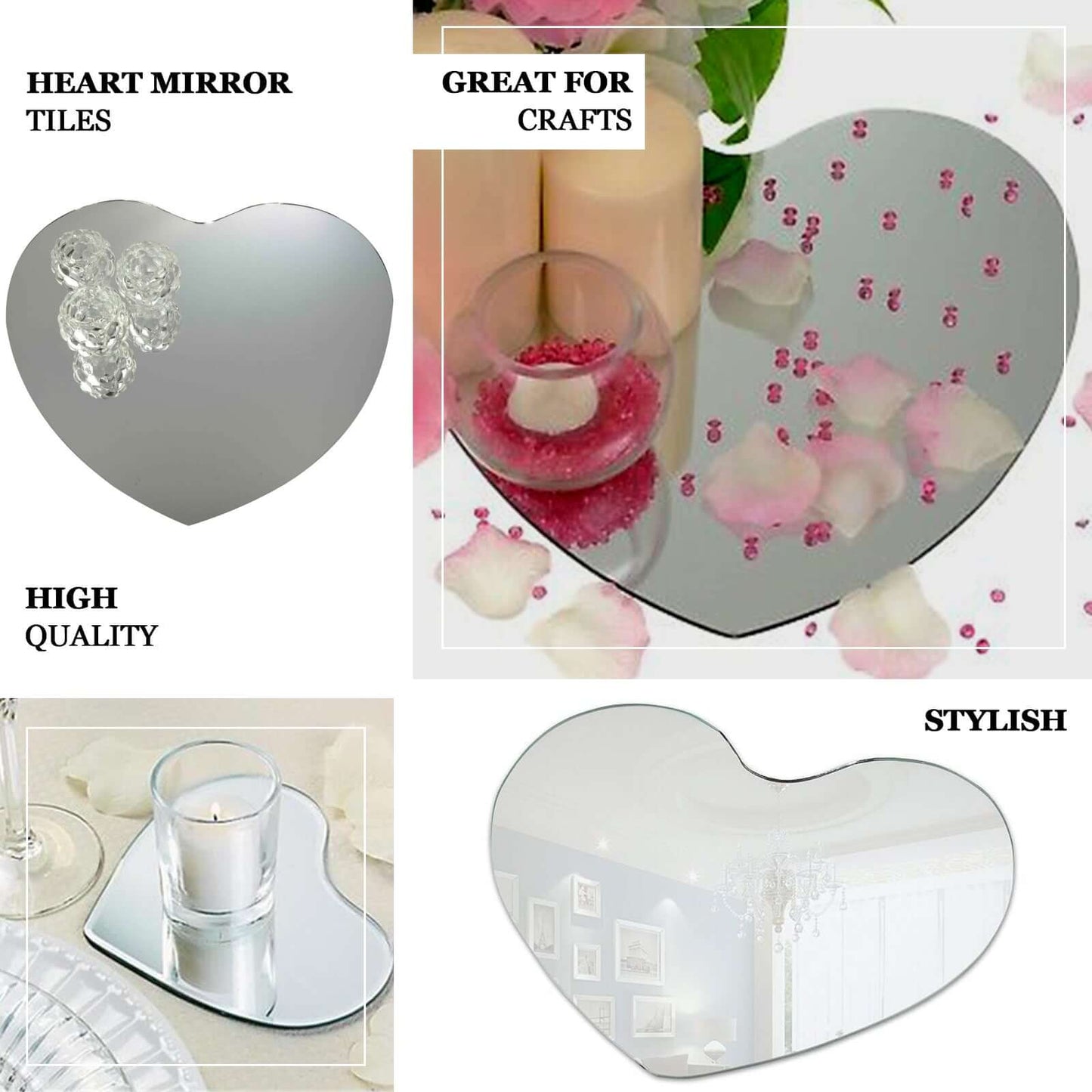 6 - Pack Hanging Wall Decor Heart Glass Mirror Table Centerpiece - Reflective Decorative Display 10" - Linen Luxes