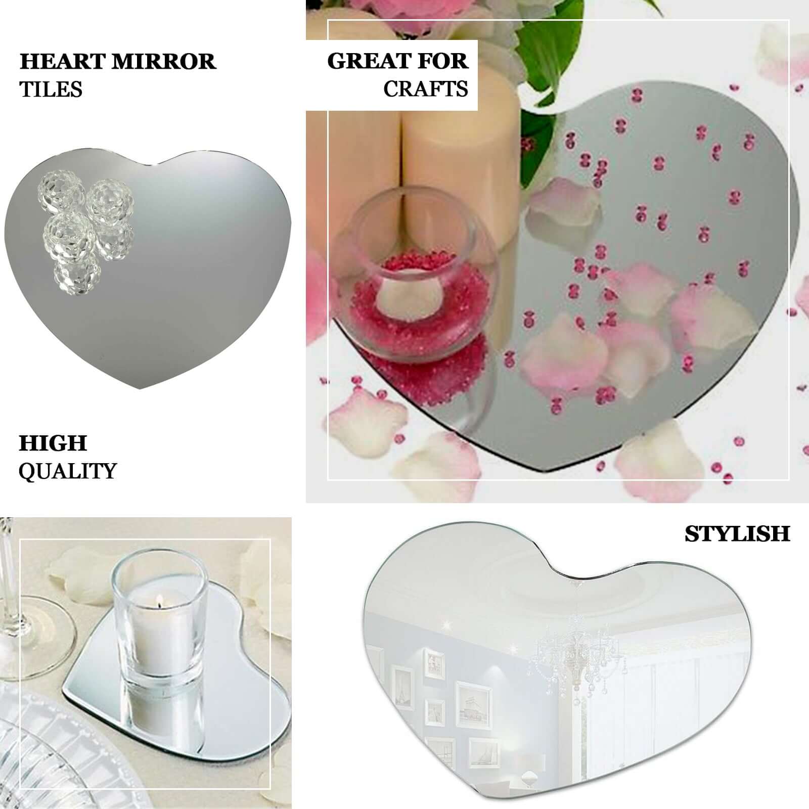 6 - Pack Hanging Wall Decor Heart Glass Mirror Table Centerpiece - Reflective Decorative Display 10" - Linen Luxes