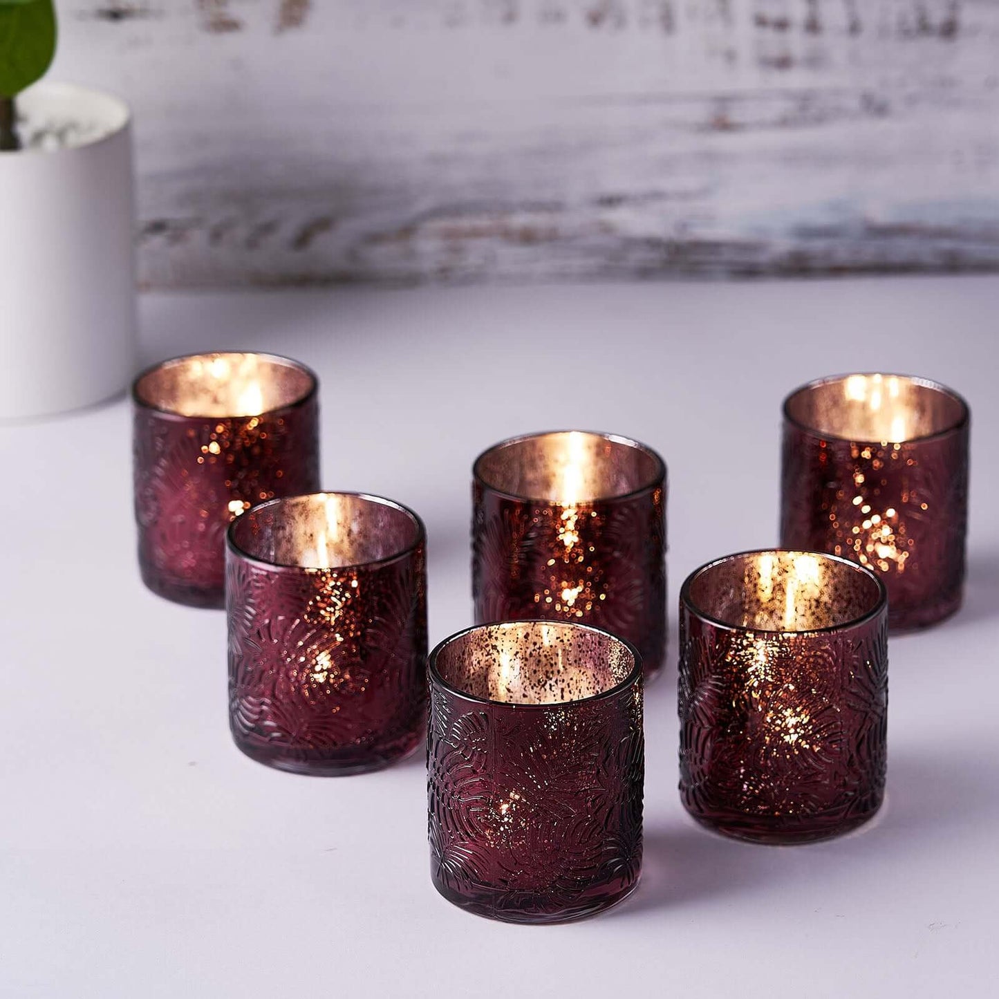 6-Pack Mercury Glass Candle Holders Burgundy Palm Leaf Design - Votive Tealight Holders for Events