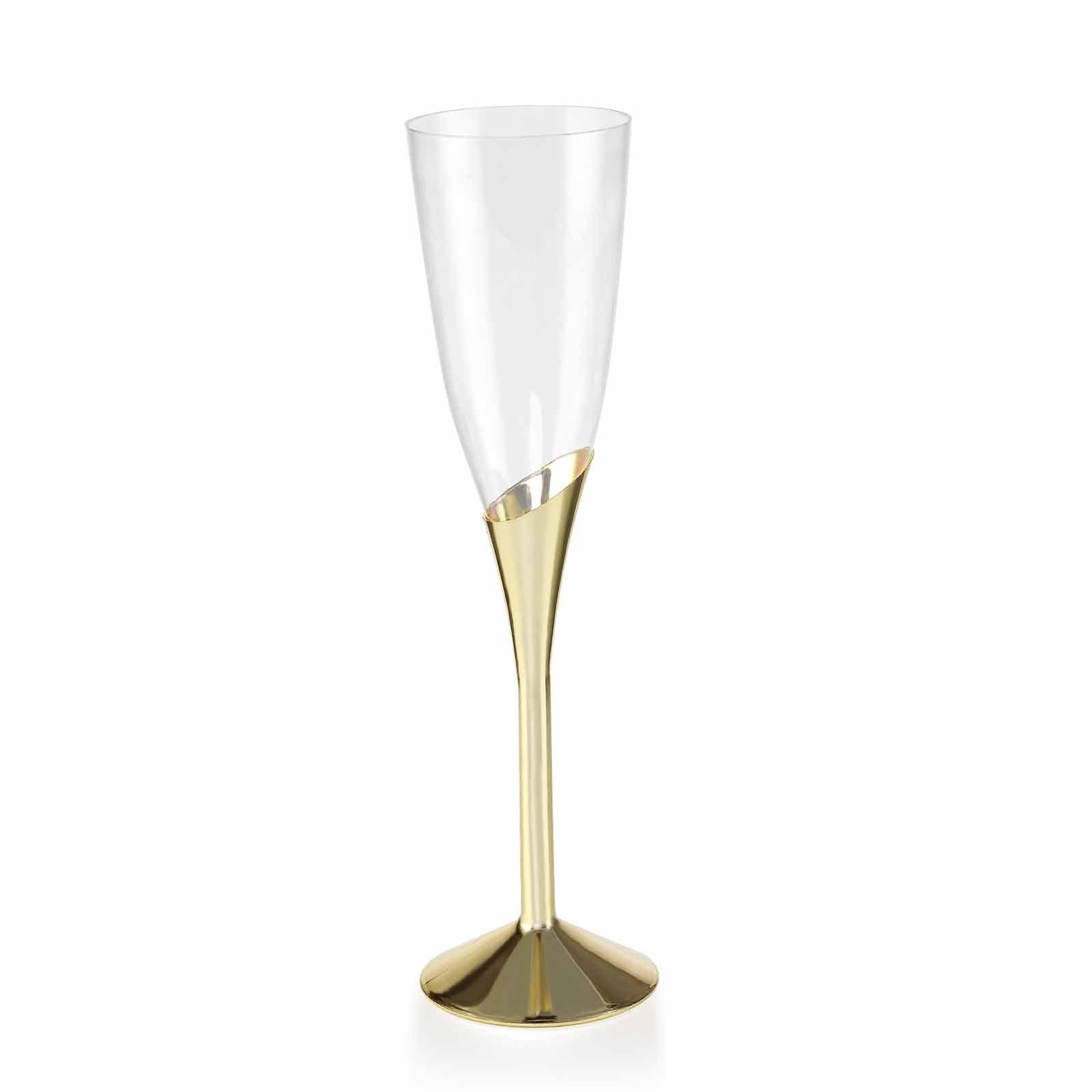 6 - Pack Plastic Champagne Flutes Clear/Gold - Stylish Disposable Glasses for Toasts 5oz - Linen Luxes
