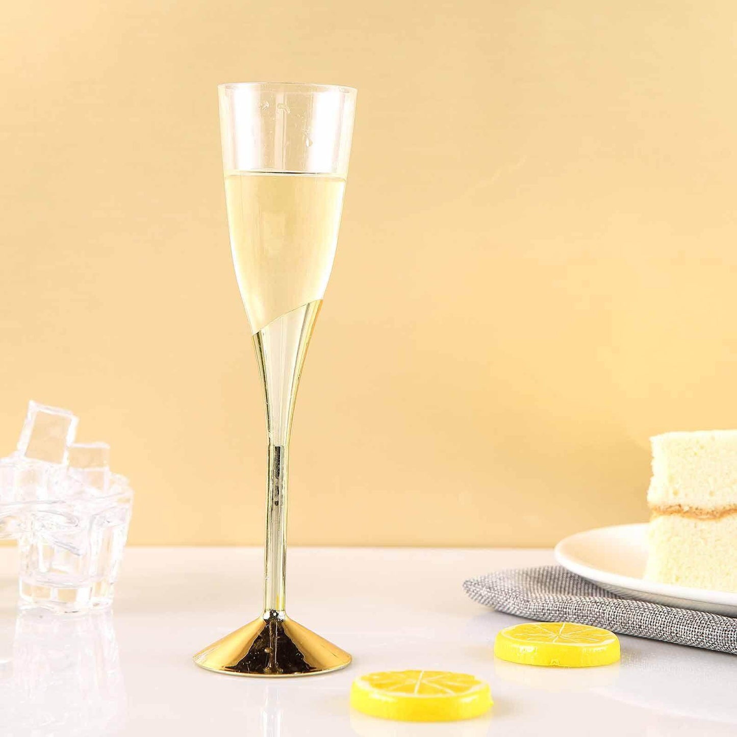 6 - Pack Plastic Champagne Flutes Clear/Gold - Stylish Disposable Glasses for Toasts 5oz - Linen Luxes