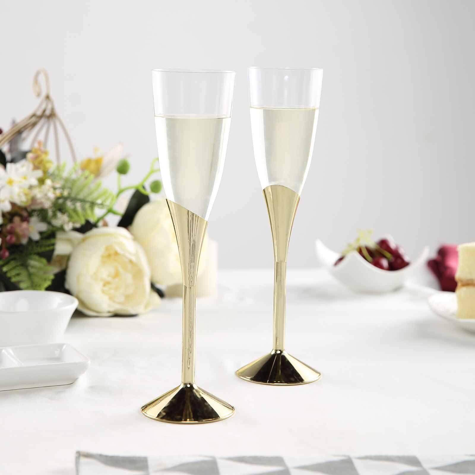 6 - Pack Plastic Champagne Flutes Clear/Gold - Stylish Disposable Glasses for Toasts 5oz - Linen Luxes