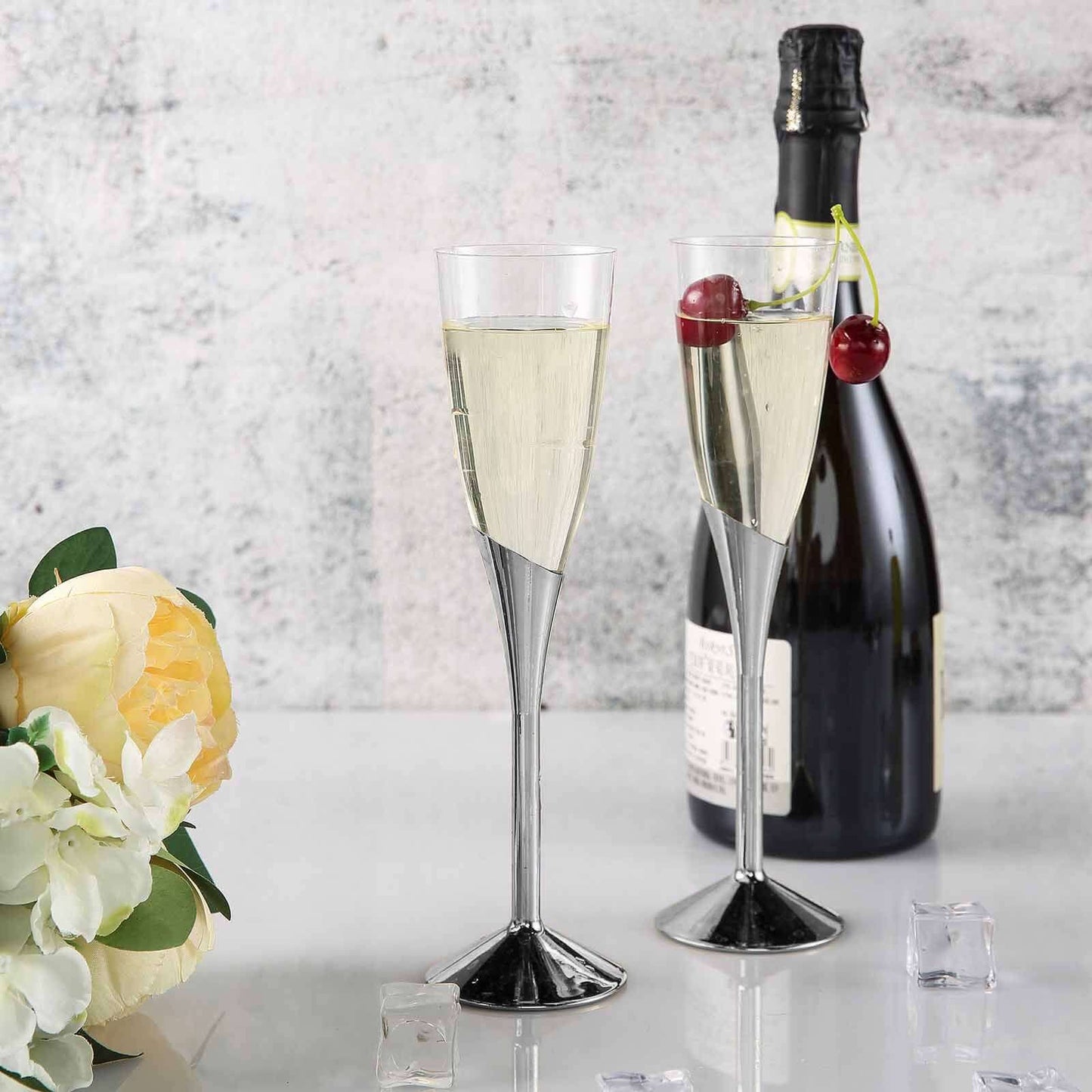 6 - Pack Plastic Champagne Flutes Clear/Silver - Stylish Disposable Glasses for Toasts 5oz - Linen Luxes