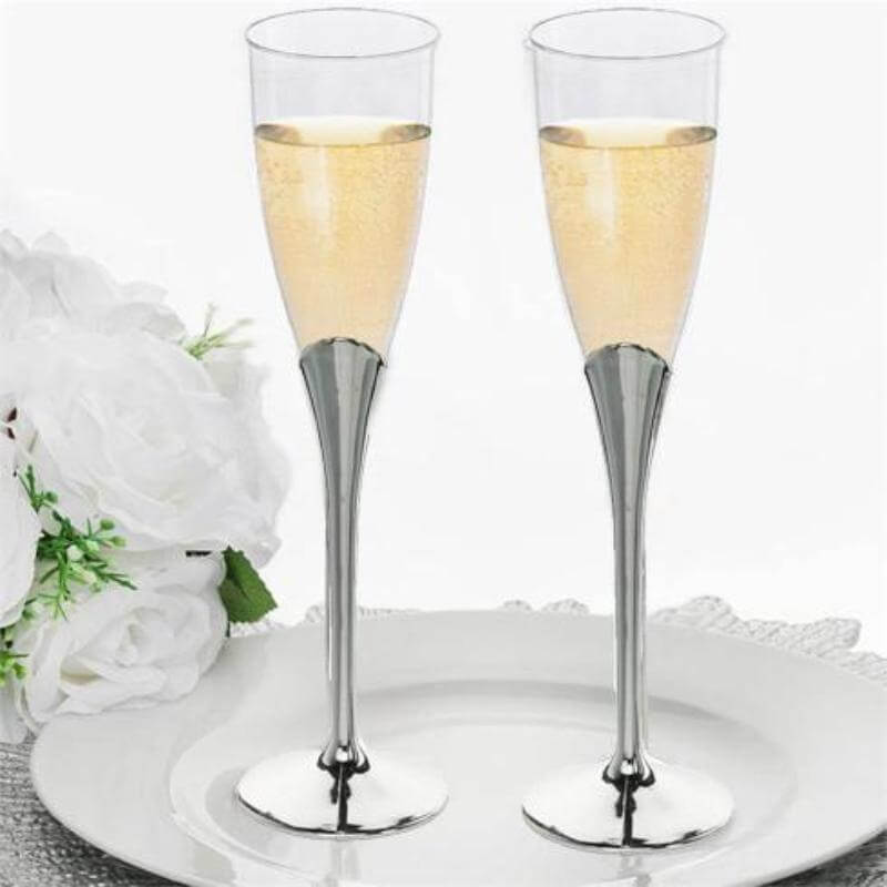 6 - Pack Plastic Champagne Flutes Clear/Silver - Stylish Disposable Glasses for Toasts 5oz - Linen Luxes