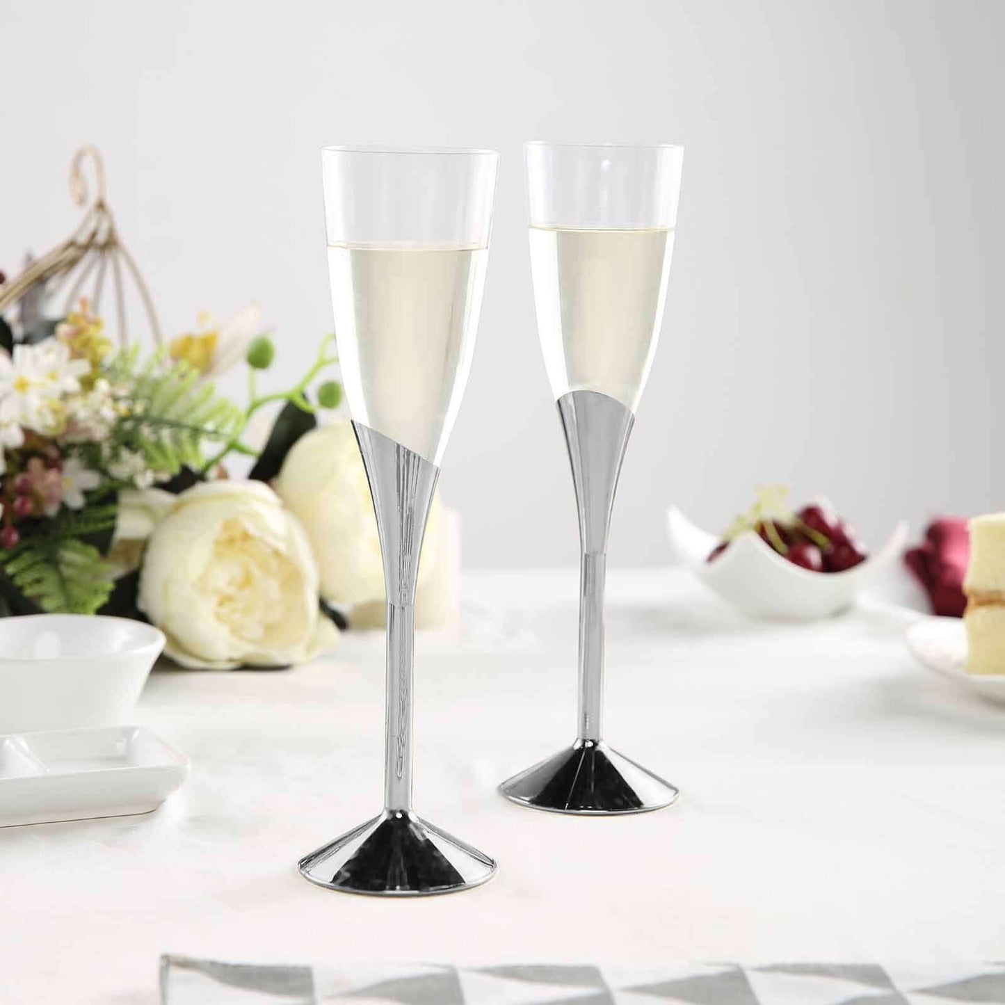 6 - Pack Plastic Champagne Flutes Clear/Silver - Stylish Disposable Glasses for Toasts 5oz - Linen Luxes