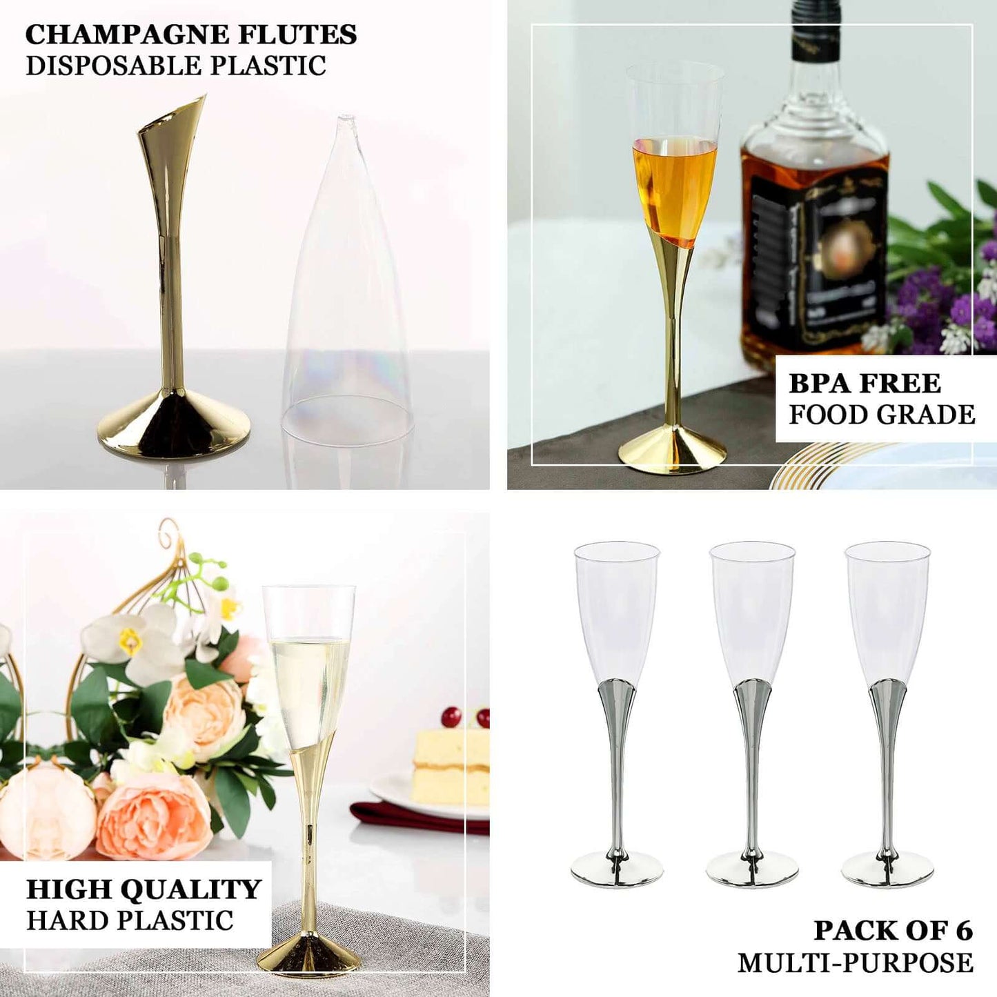 6 - Pack Plastic Champagne Flutes Clear/Silver - Stylish Disposable Glasses for Toasts 5oz - Linen Luxes