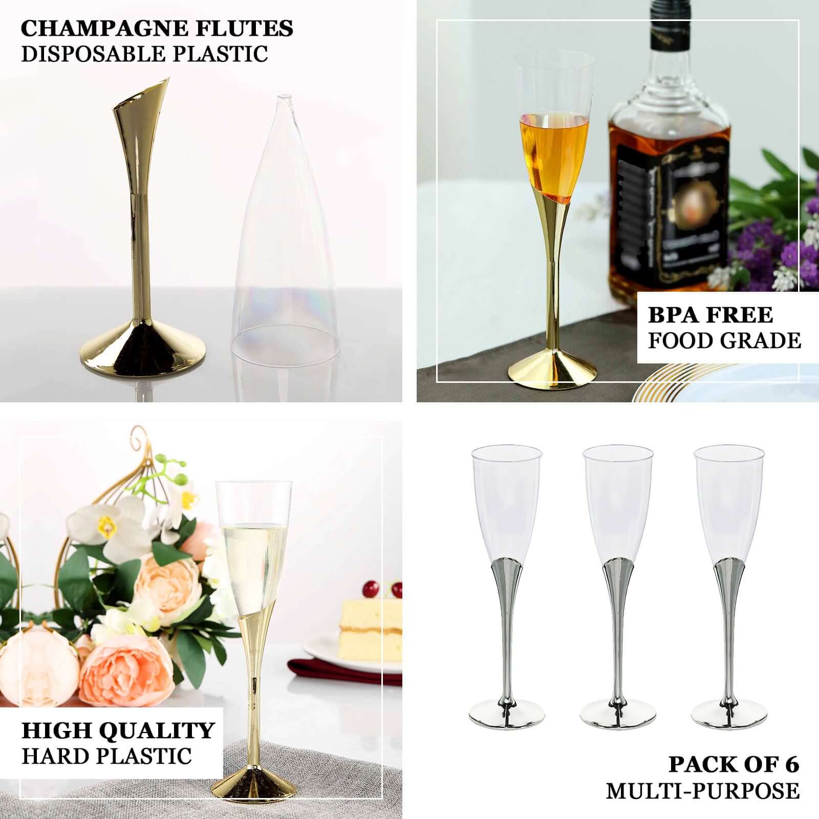 6 - Pack Plastic Champagne Flutes Clear/Silver - Stylish Disposable Glasses for Toasts 5oz - Linen Luxes