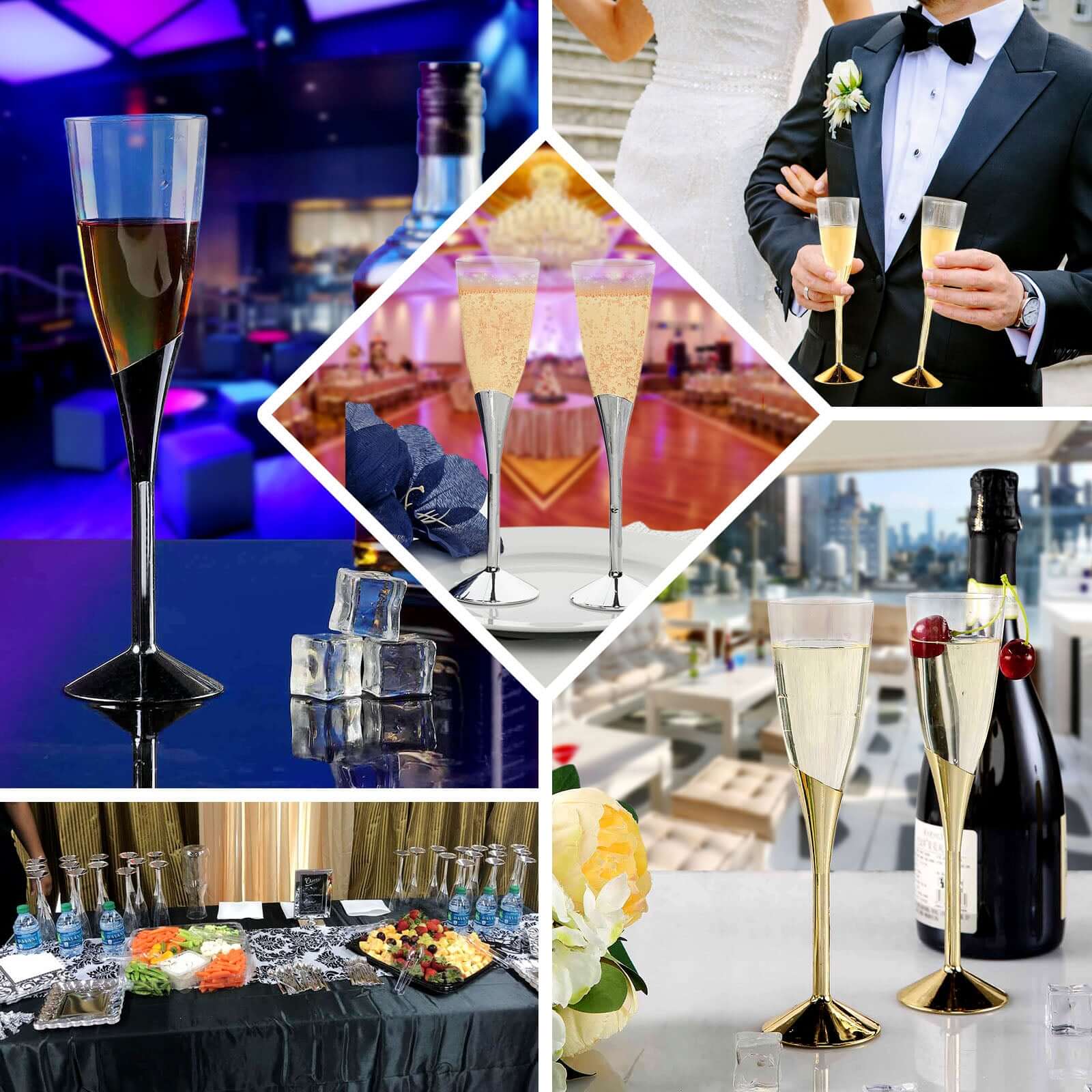 6 - Pack Plastic Champagne Flutes Clear/Silver - Stylish Disposable Glasses for Toasts 5oz - Linen Luxes