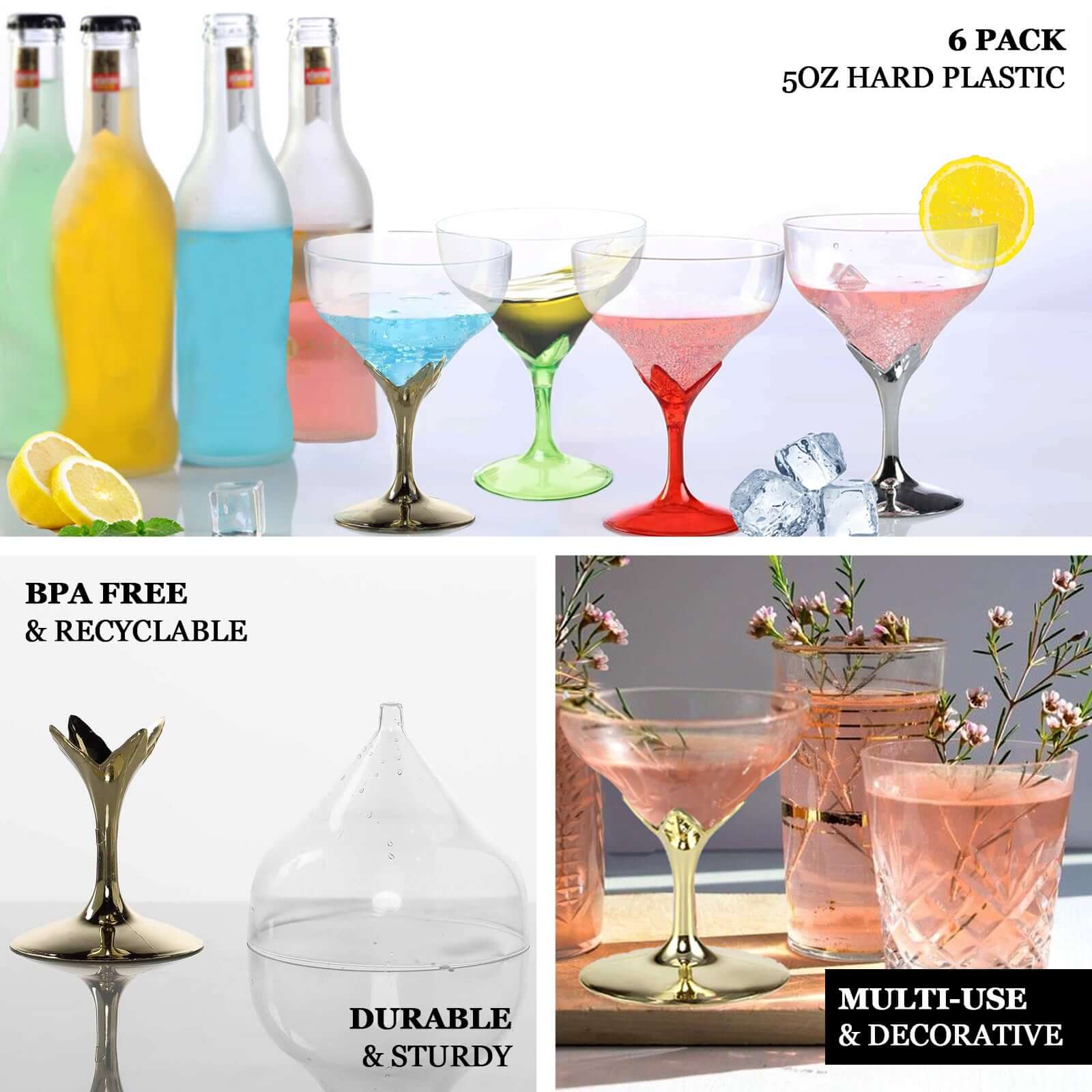 6 - Pack Plastic Champagne Glasses Gold Hard Material - Durable Disposable Goblets for Wine 5oz - Linen Luxes