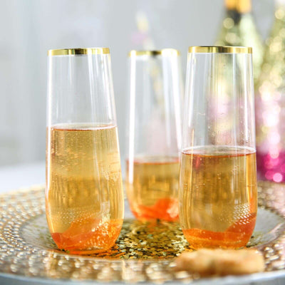 6 Pack Plastic Champagne Glasses in Clear with Gold Rim, Reusable Lightweight Champagne Flutes 9oz - Linen Luxes