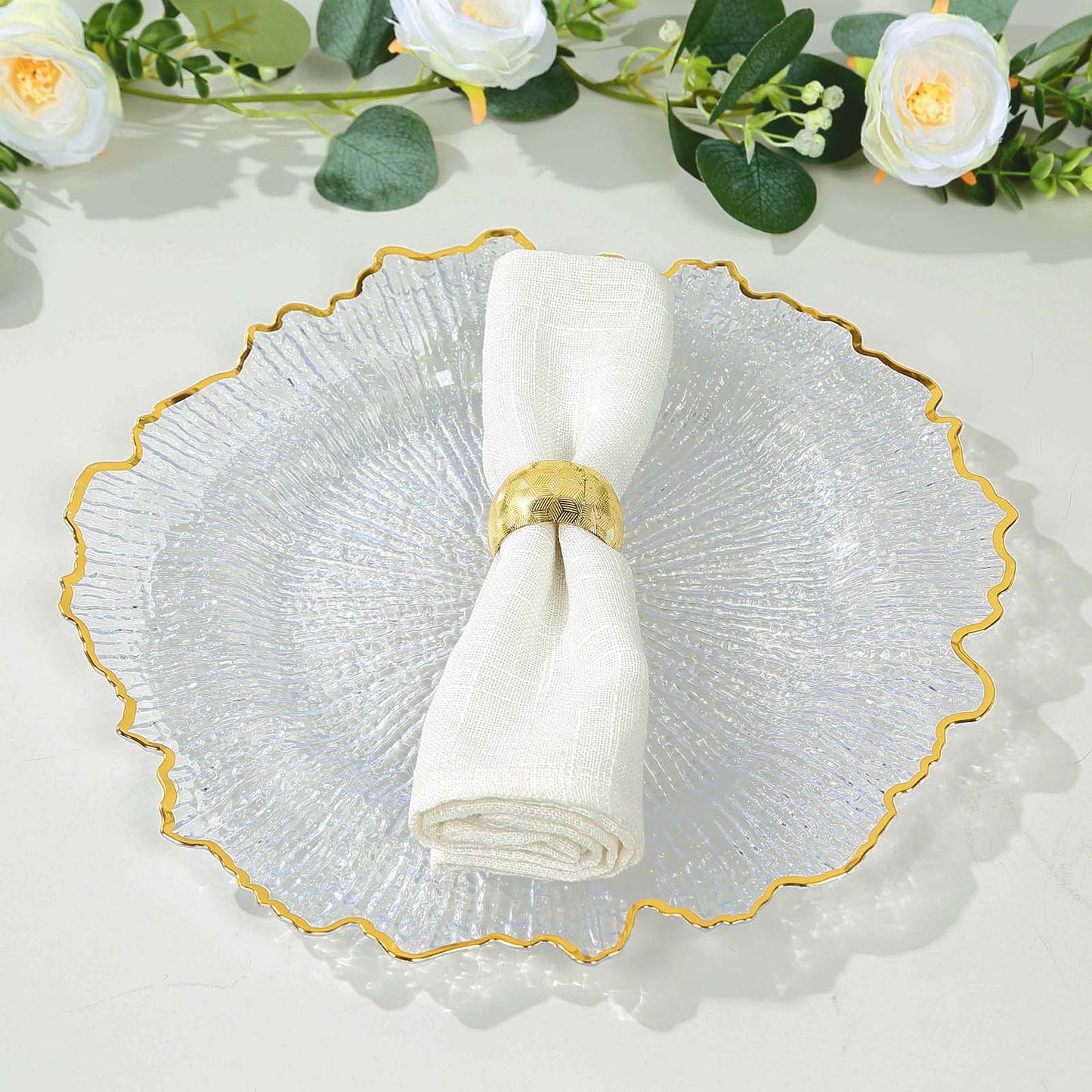 6-Pack Plastic Round Charger Plates 13" in Clear Reef Design with Gold Rim, Decorative Dinner Party Serving Plates