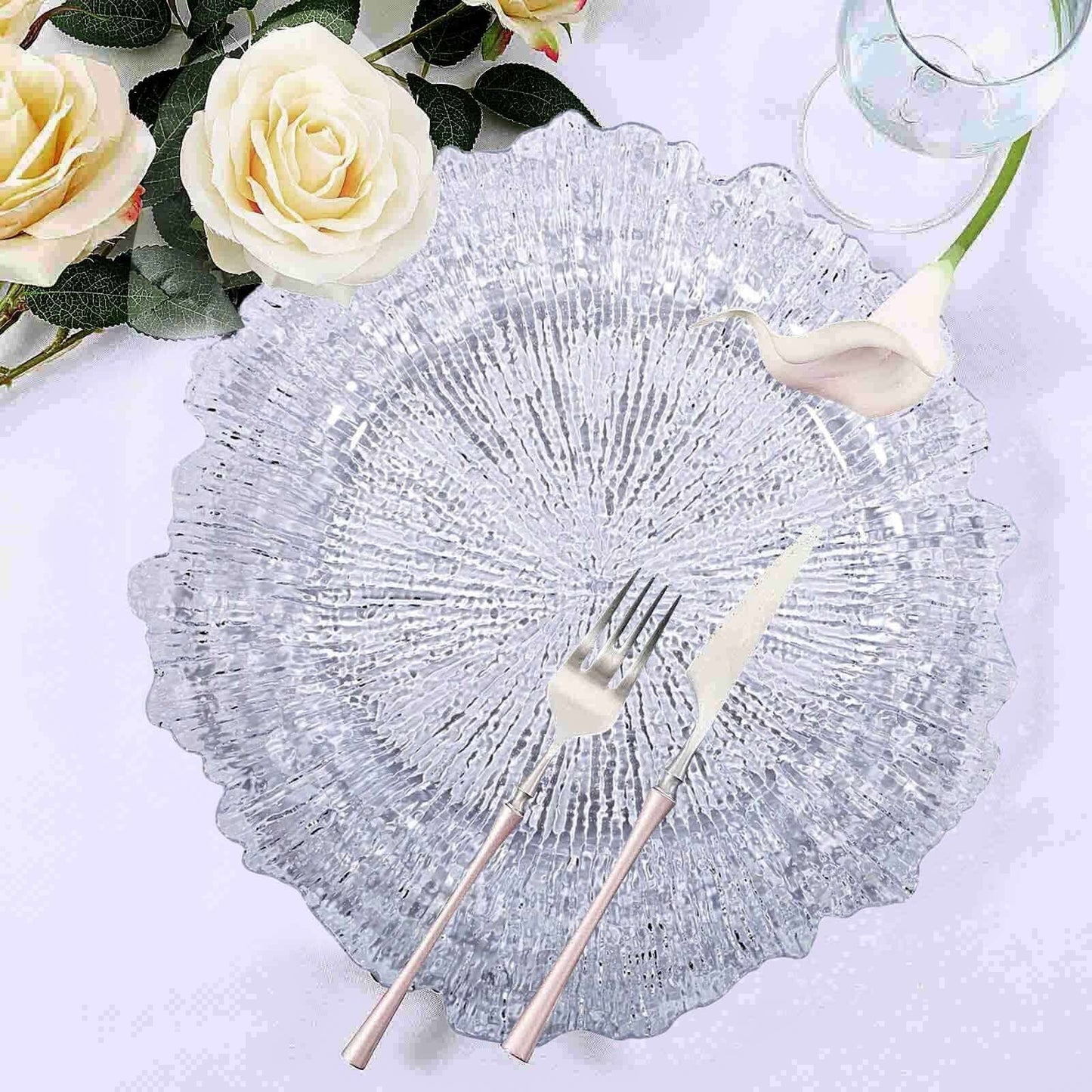 6 - Pack Plastic Round Charger Plates 13" in Clear with Reef Design, Decorative Dinner Party Serving Plates - Linen Luxes