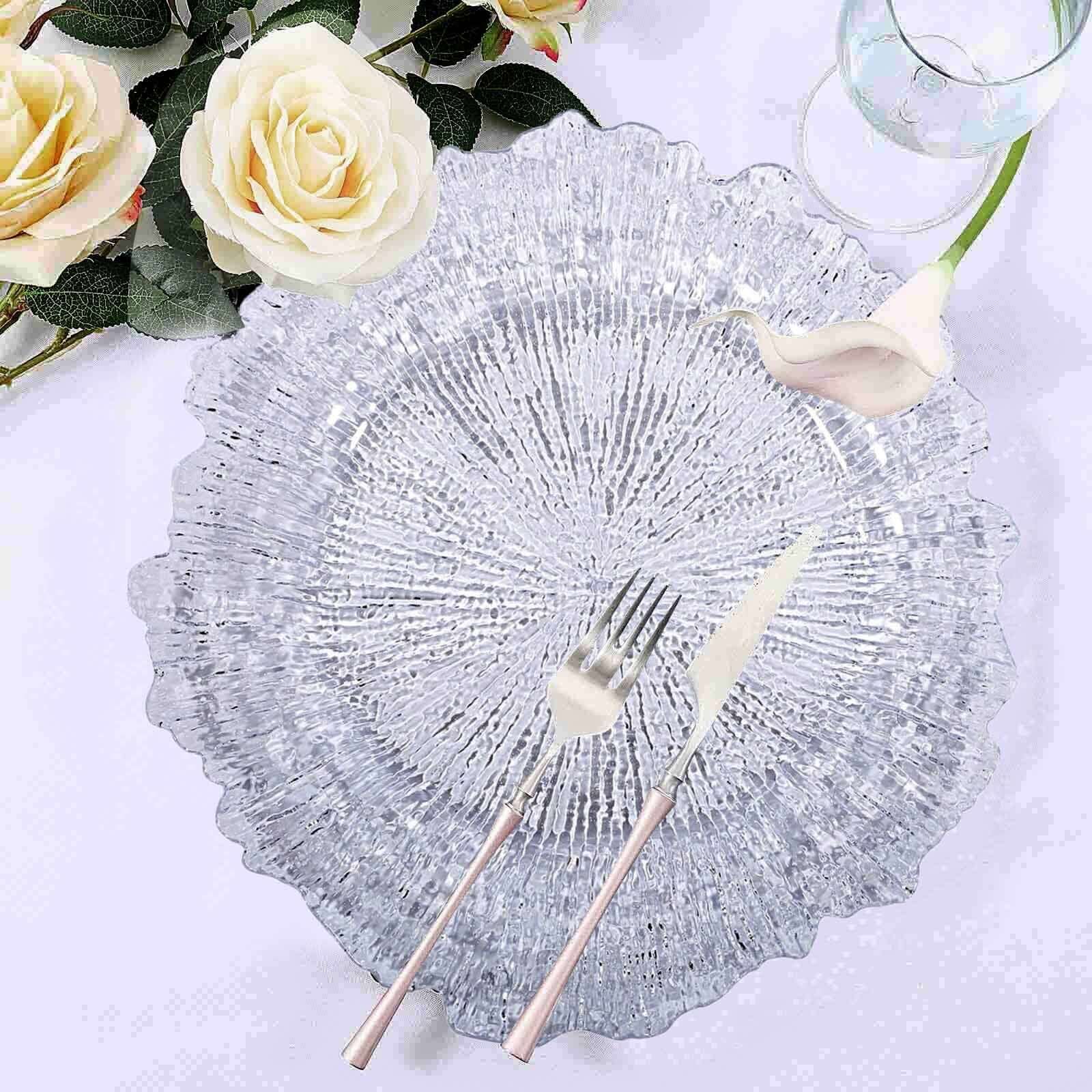 6 - Pack Plastic Round Charger Plates 13" in Clear with Reef Design, Decorative Dinner Party Serving Plates - Linen Luxes