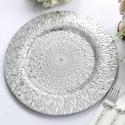 6-Pack Plastic Round Charger Plates 13" in Silver with Embossed Peacock Pattern, Stylish Disposable Charger Tableware