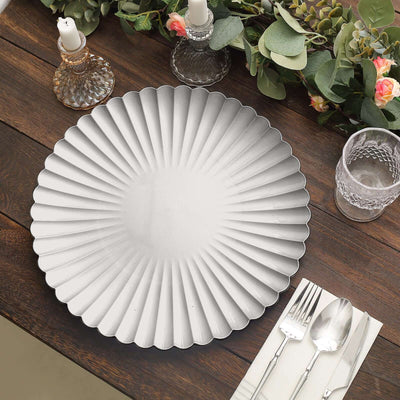 6-Pack Plastic Round Charger Plates 13" in Silver with Scalloped Shell Pattern, Coastal Inspired Disposable Charger Tableware