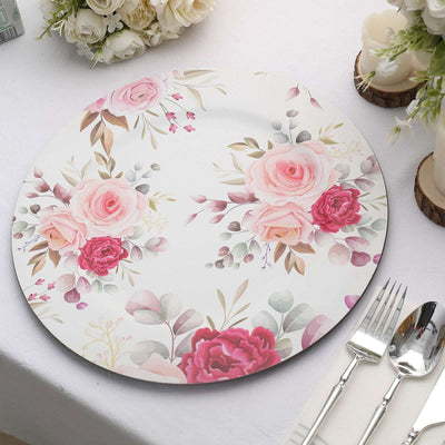 6-Pack Plastic Round Charger Plates 13" in White with Assorted Rose Floral Print, Decorative Dinner Party Charger Tableware
