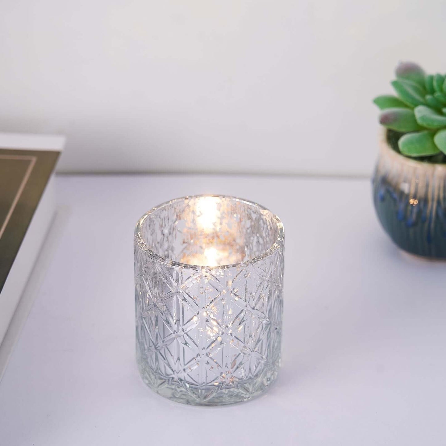 6-Pack Mercury Glass Candle Holders Shiny Silver with Geometric Design - Votive Tealight Holders 3"