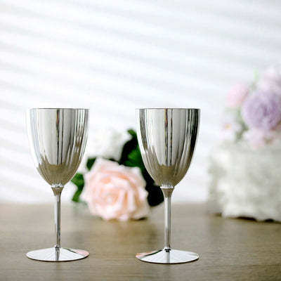 6-Pack Plastic Wine Glasses in Metallic Silver - Classy Disposable Goblets for Parties, Receptions & Banquets 8oz