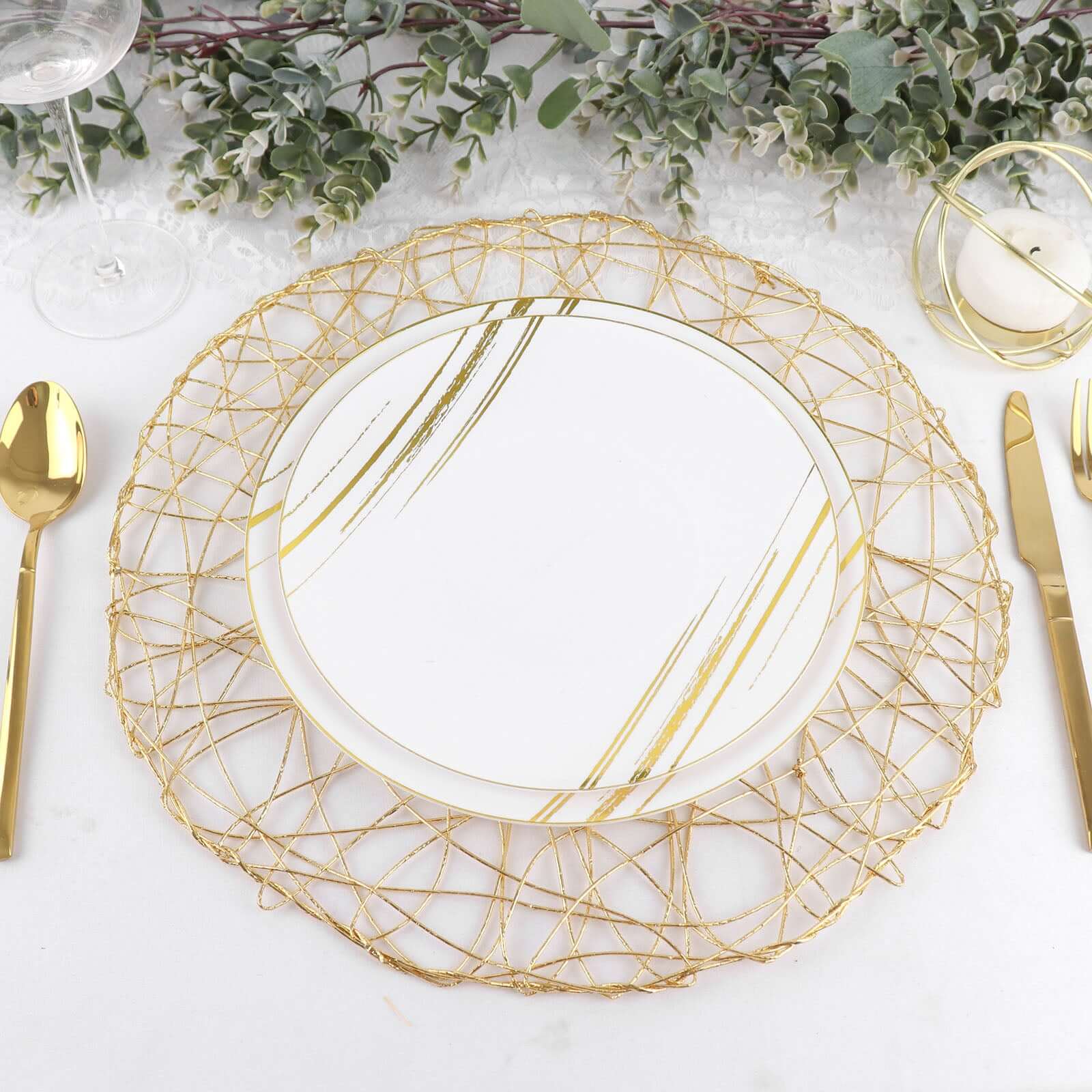 6 - Pack Table Placemats Woven Fiber Design Gold Round - Disposable Mats for Dining and Events 15" - Linen Luxes