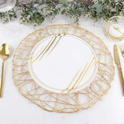 6 - Pack Table Placemats Woven Fiber Design Gold Round - Disposable Mats for Dining and Events 15" - Linen Luxes