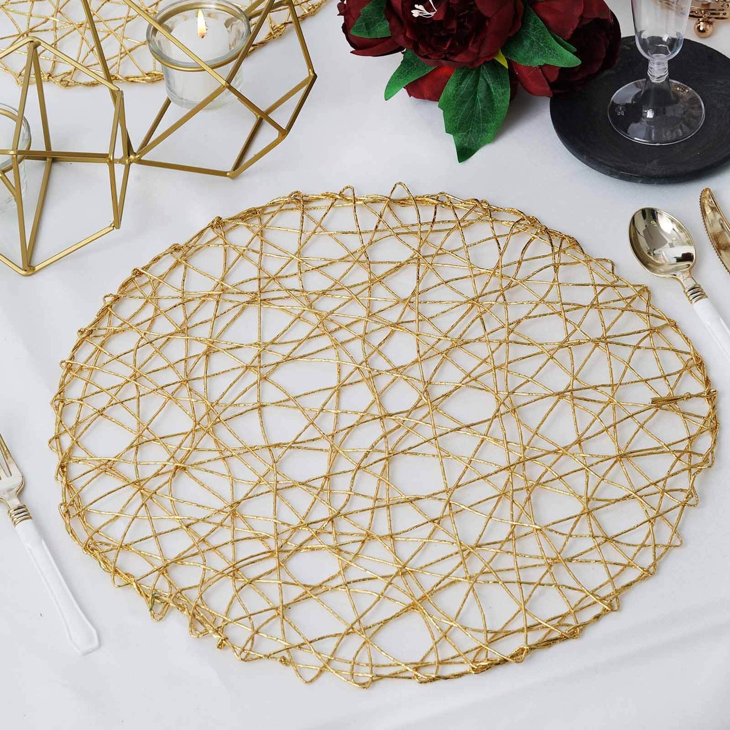 6 - Pack Table Placemats Woven Fiber Design Gold Round - Disposable Mats for Dining and Events 15" - Linen Luxes