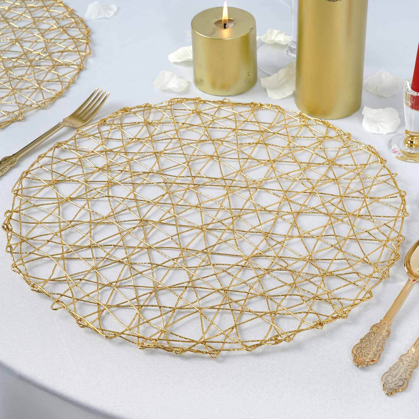 6 - Pack Table Placemats Woven Fiber Design Gold Round - Disposable Mats for Dining and Events 15" - Linen Luxes