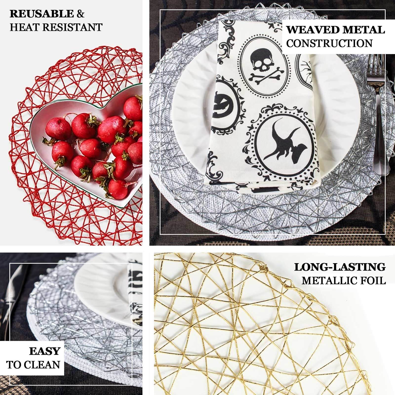 6 - Pack Table Placemats Woven Fiber Design Gold Round - Disposable Mats for Dining and Events 15" - Linen Luxes