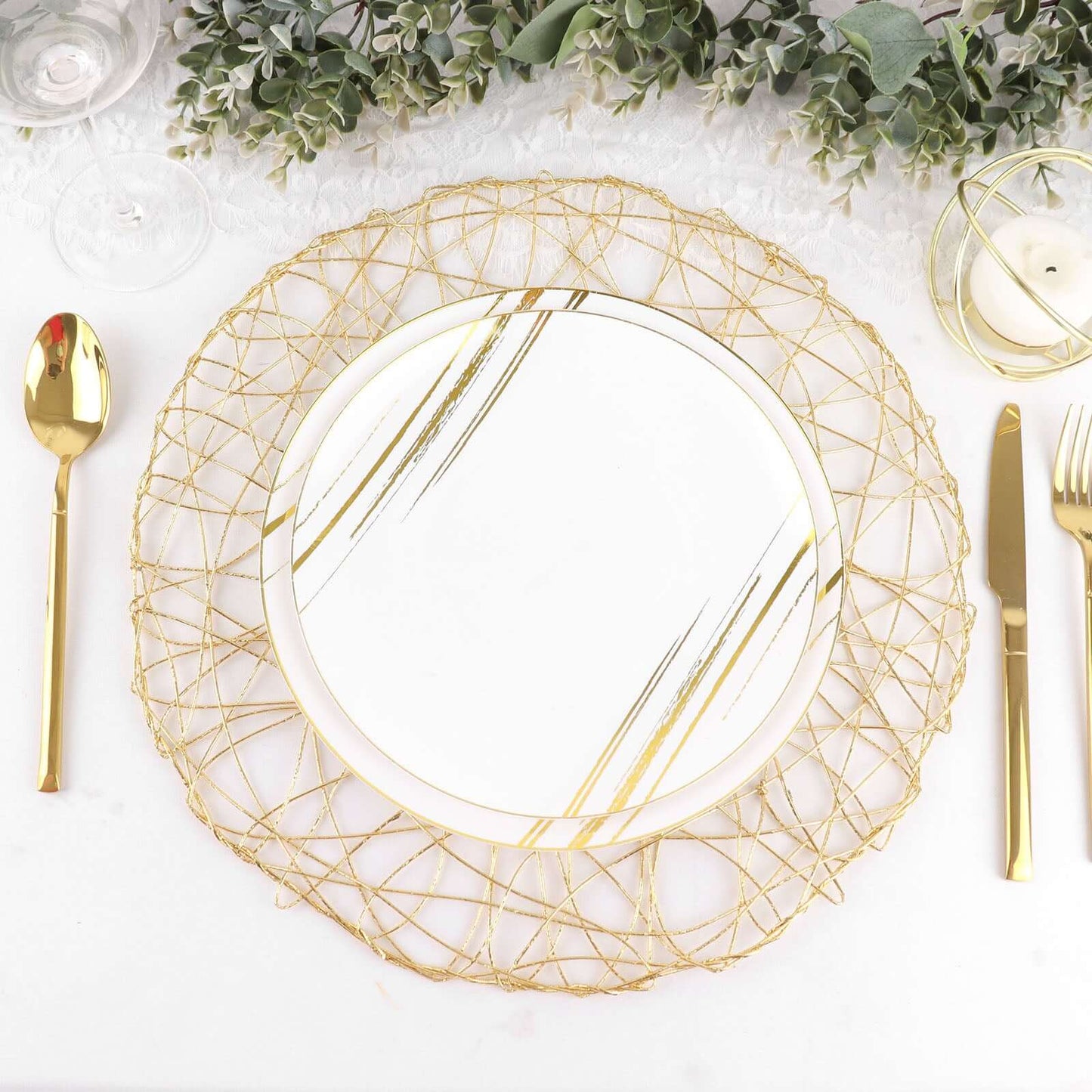 6 - Pack Table Placemats Woven Fiber Design Gold Round - Disposable Mats for Dining and Events 15" - Linen Luxes