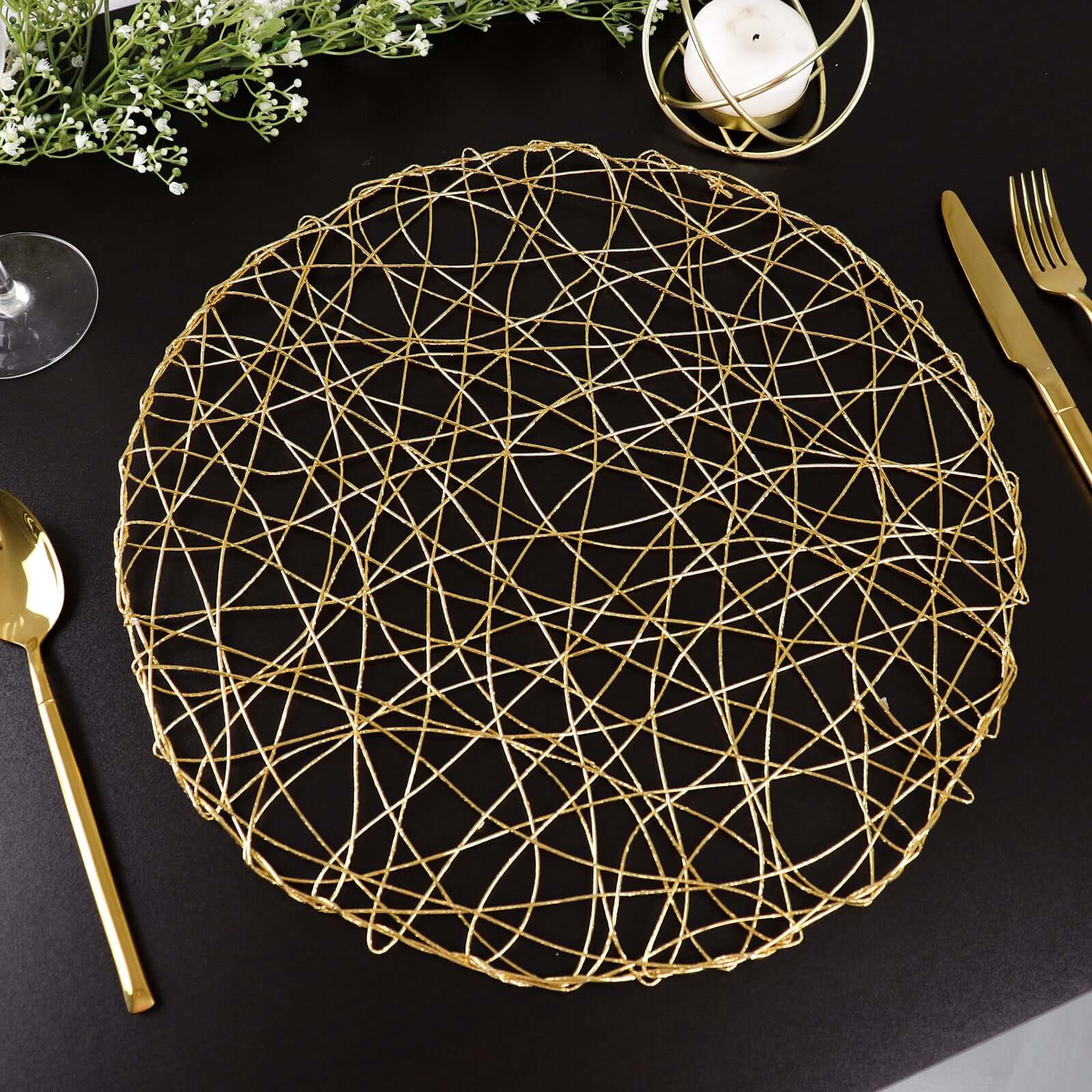 6 - Pack Table Placemats Woven Fiber Design Gold Round - Disposable Mats for Dining and Events 15" - Linen Luxes