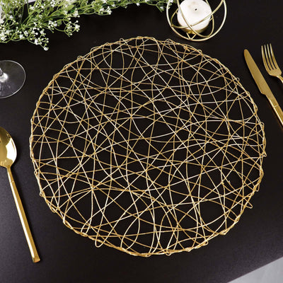 6 - Pack Table Placemats Woven Fiber Design Gold Round - Disposable Mats for Dining and Events 15" - Linen Luxes