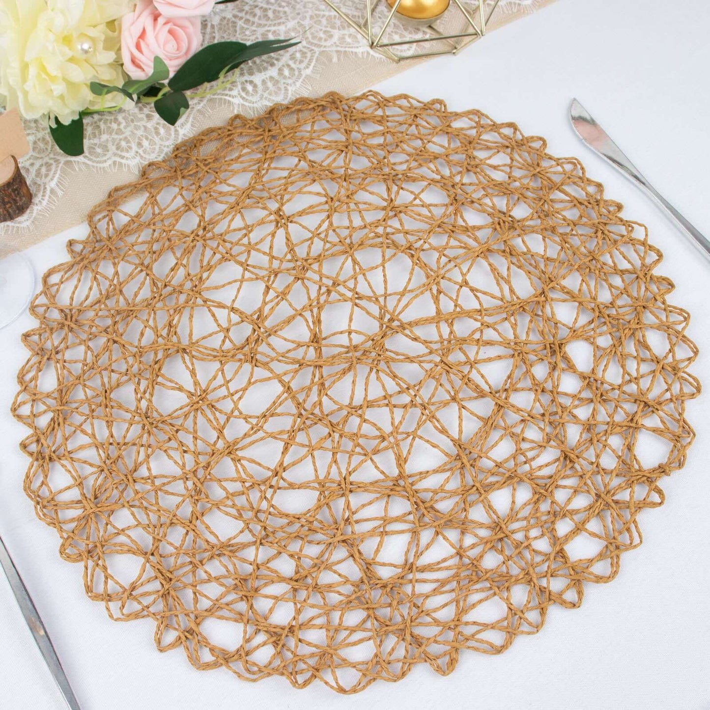 6-Pack Table Placemats Woven Fiber Design Natural Round - Disposable Mats for Dining and Events 15"