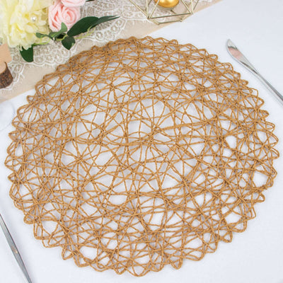 6-Pack Table Placemats Woven Fiber Design Natural Round - Disposable Mats for Dining and Events 15"