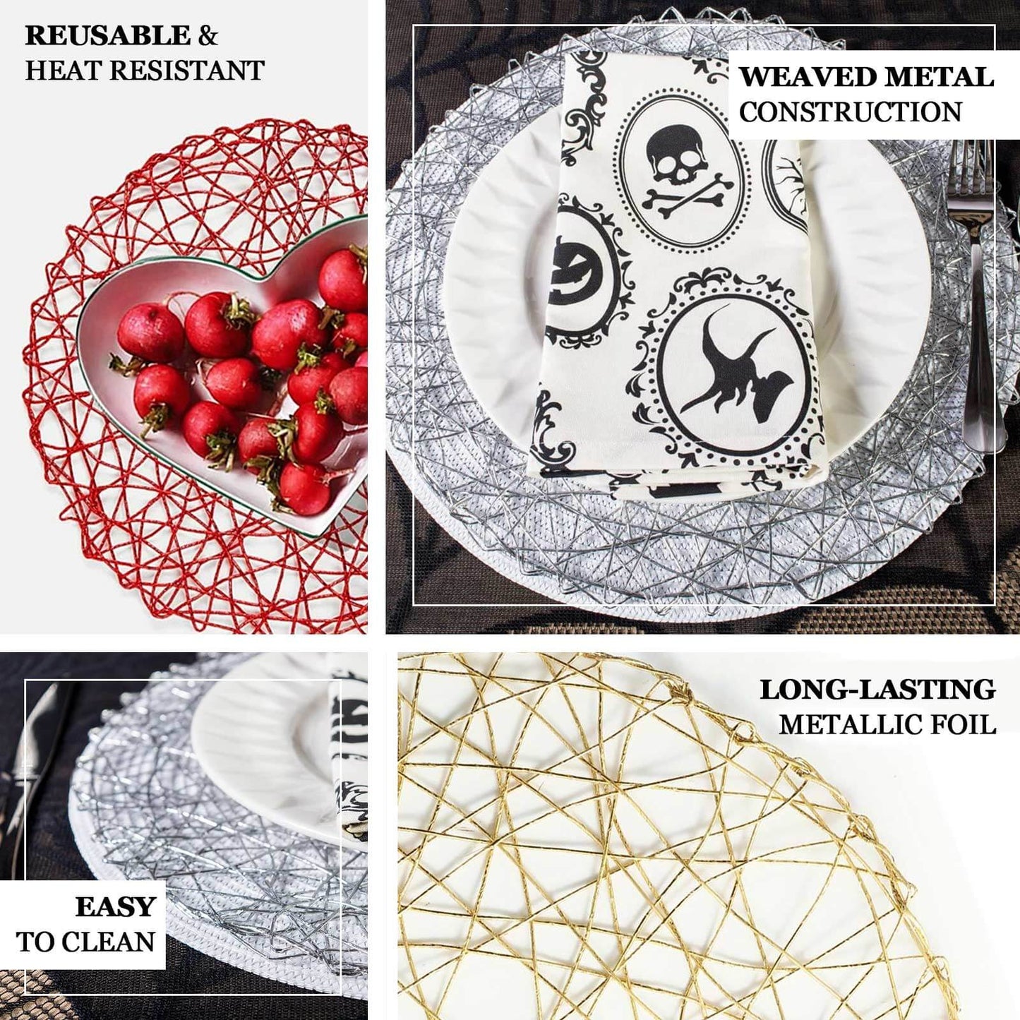 6 - Pack Table Placemats Woven Fiber Design Silver Round - Disposable Mats for Dining and Events 15" - Linen Luxes