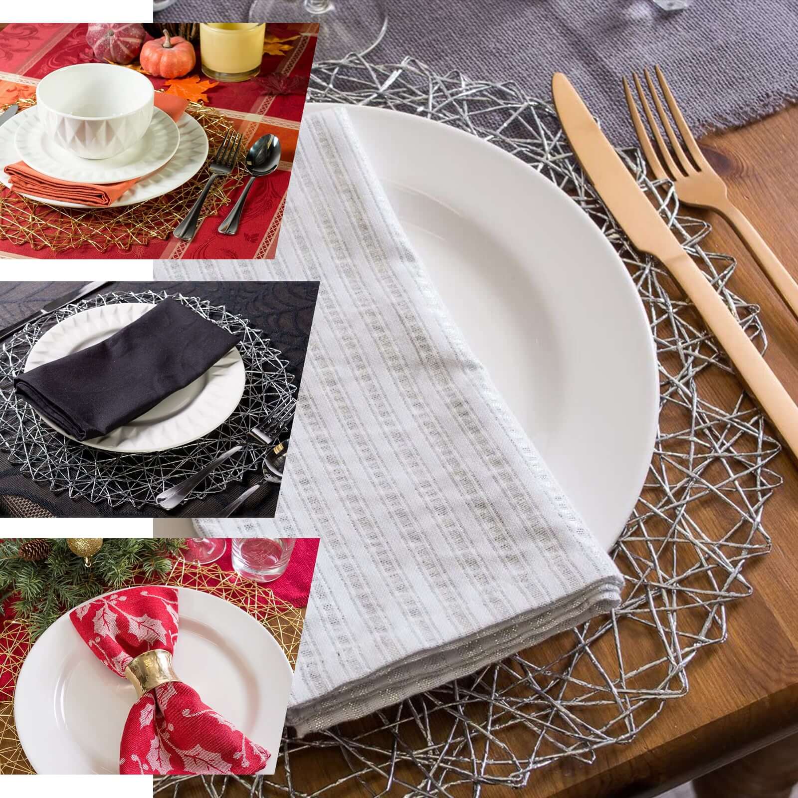 6 - Pack Table Placemats Woven Fiber Design Silver Round - Disposable Mats for Dining and Events 15" - Linen Luxes